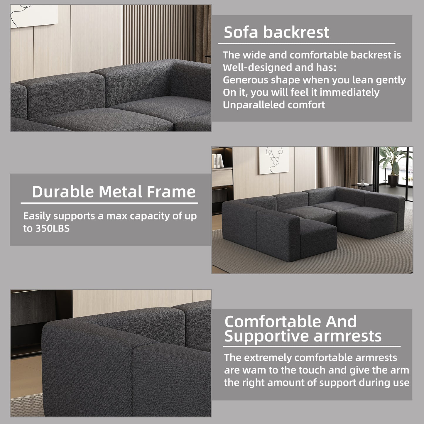 Charcoal gray modular sofa with plush fabric upholstery