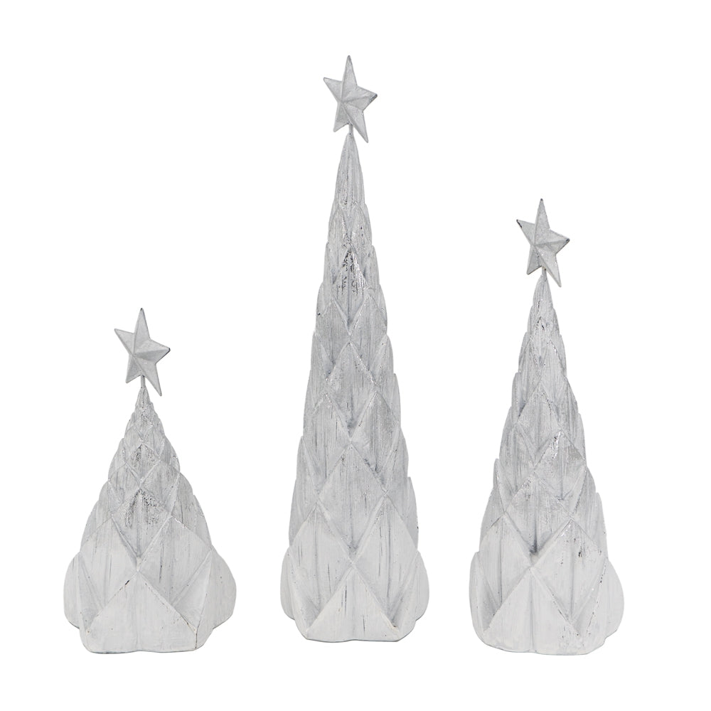 Set of white textured decorative Christmas trees with star toppers