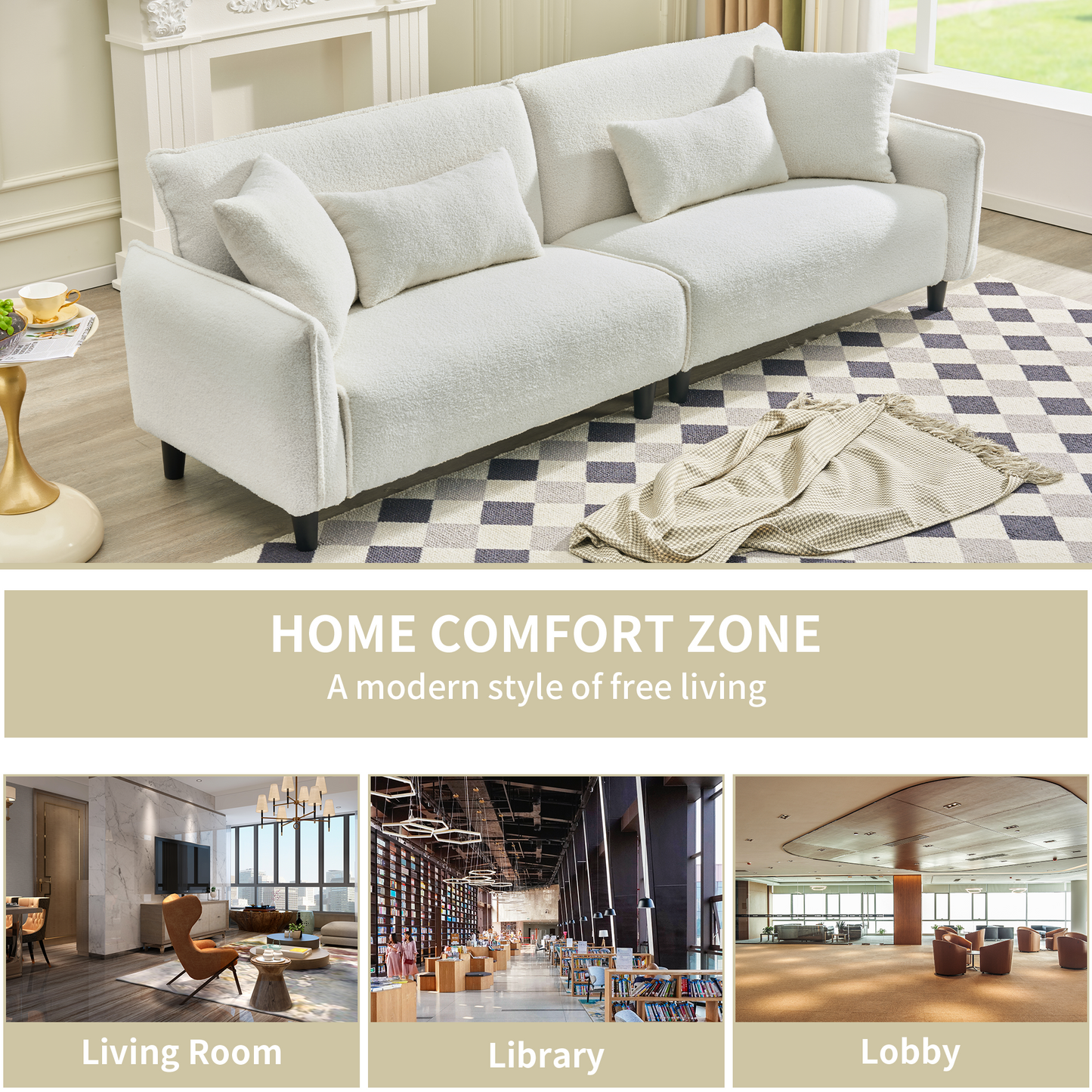 White boucle sofa with plush cushions on a checkered rug