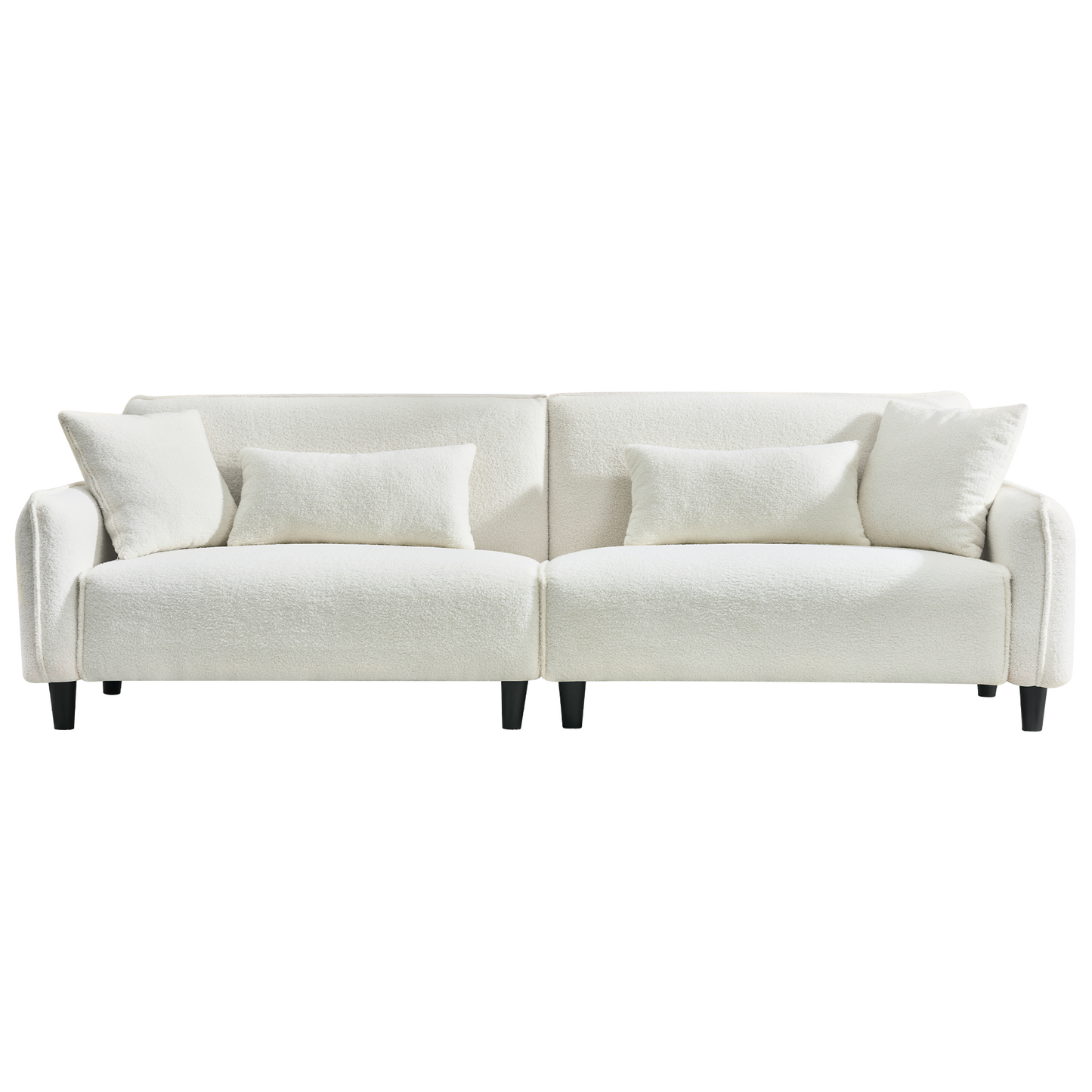 Cream boucle sofa with two rectangular and two square cushions