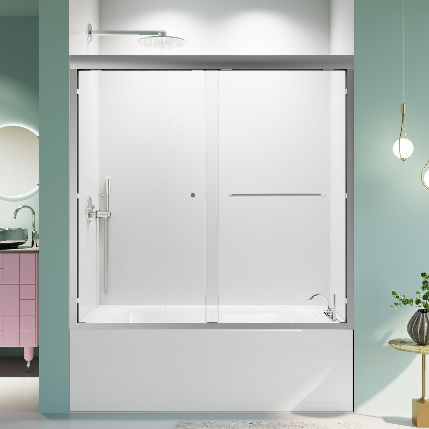 Modern frameless glass shower door with brushed nickel handle