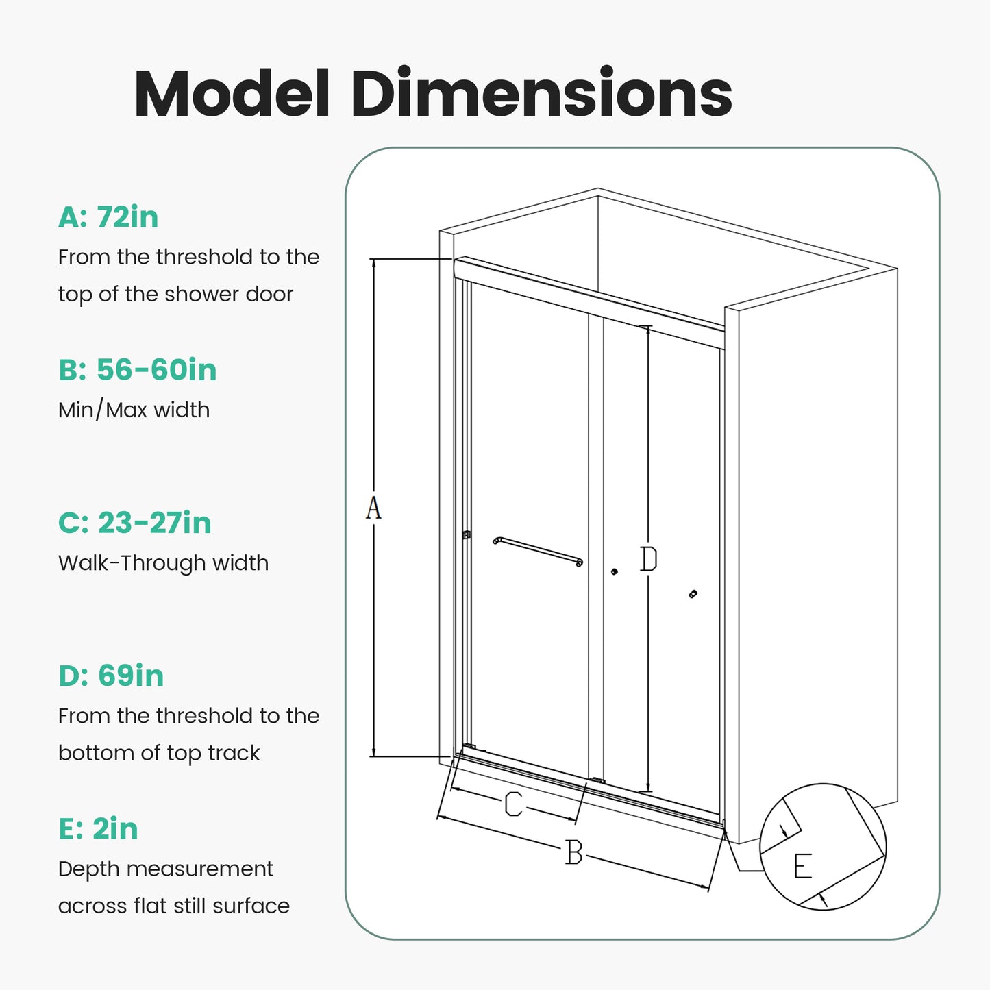 Shower door dimensions diagram in height from threshold to top track