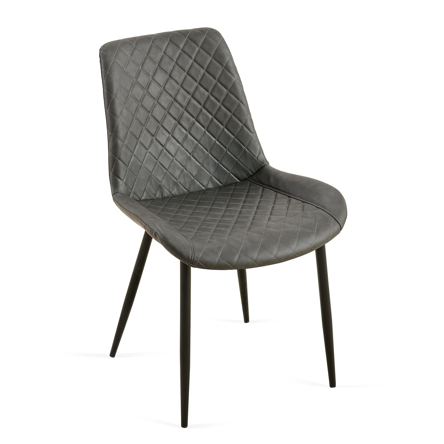 Quilted dark grey faux leather dining chair with black metal legs