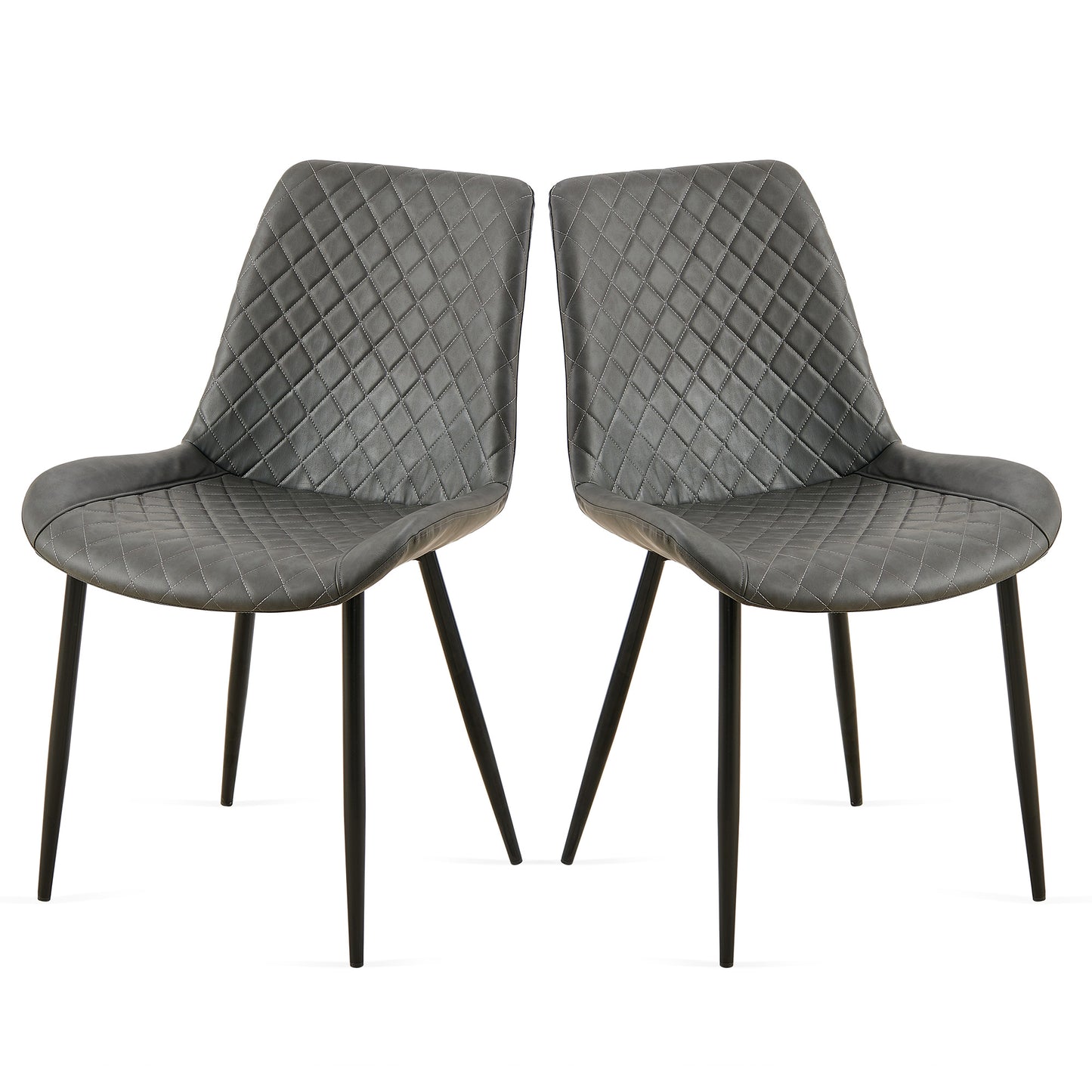 Pair of gray tufted accent chairs with black metal legs