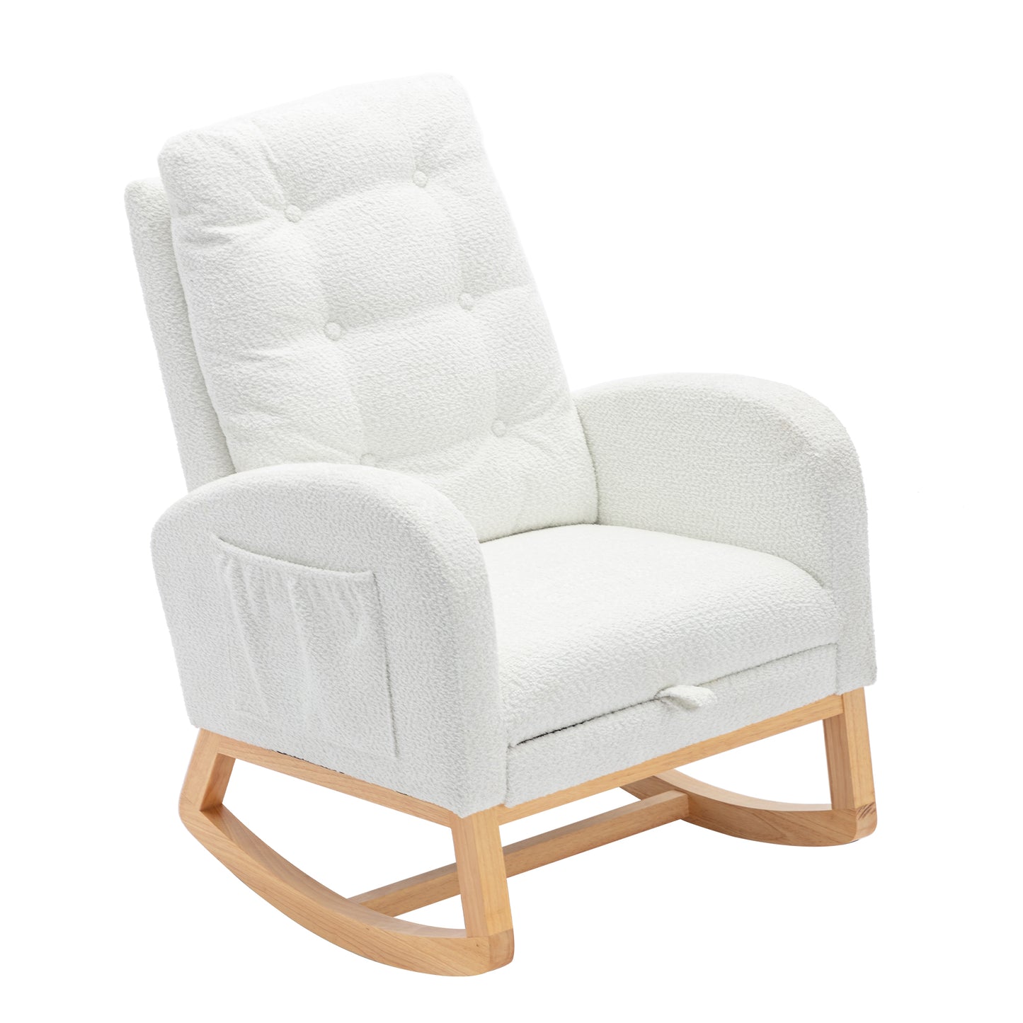 White boucle fabric rocking chair with tufted back and wooden base