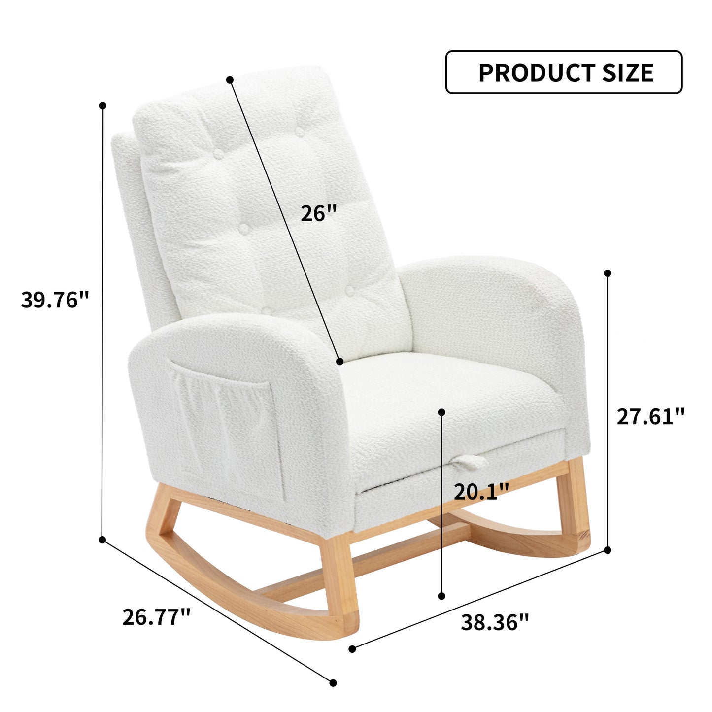Cozy white boucle fabric rocking chair with tufted back and wooden base