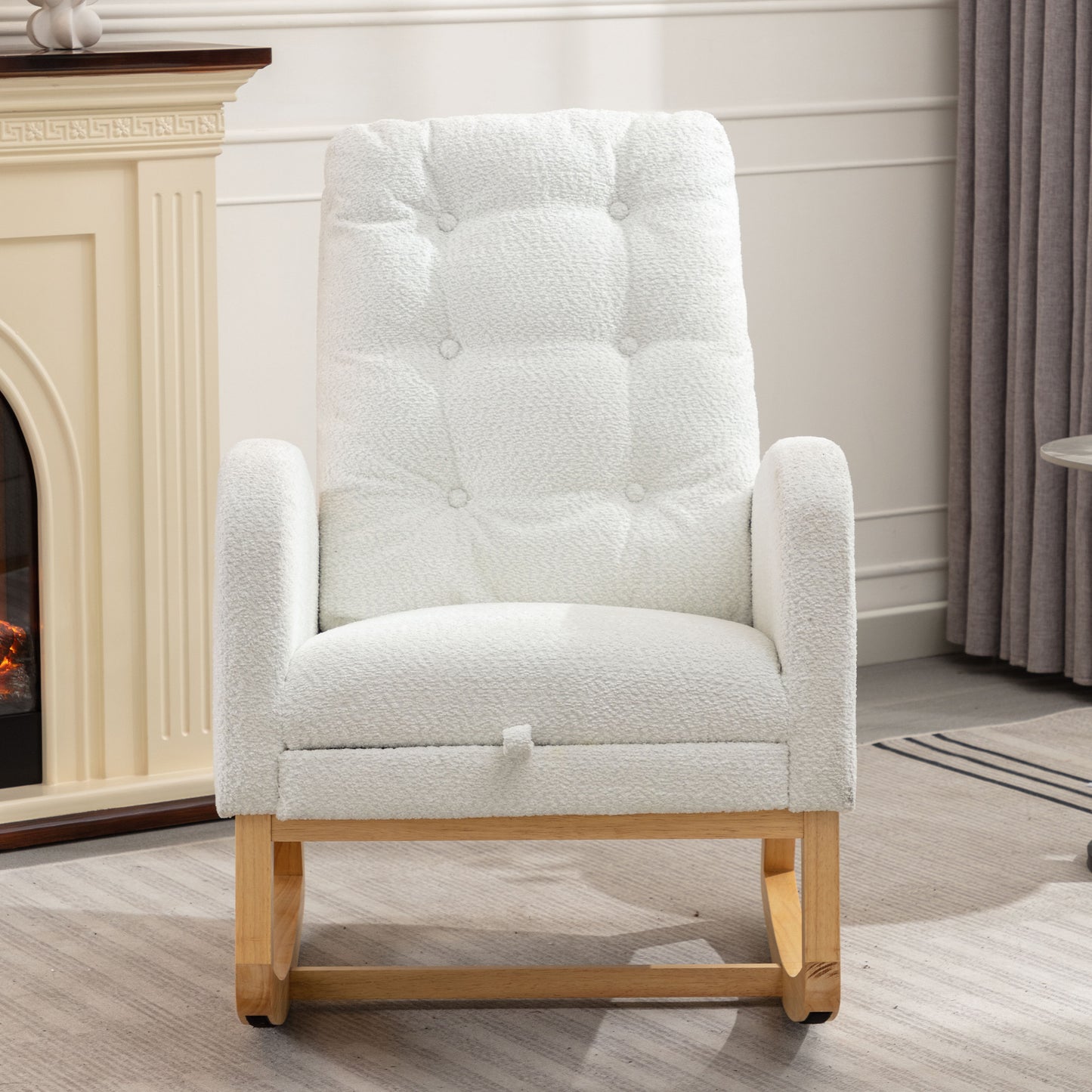White boucle fabric tufted rocking chair with wooden base