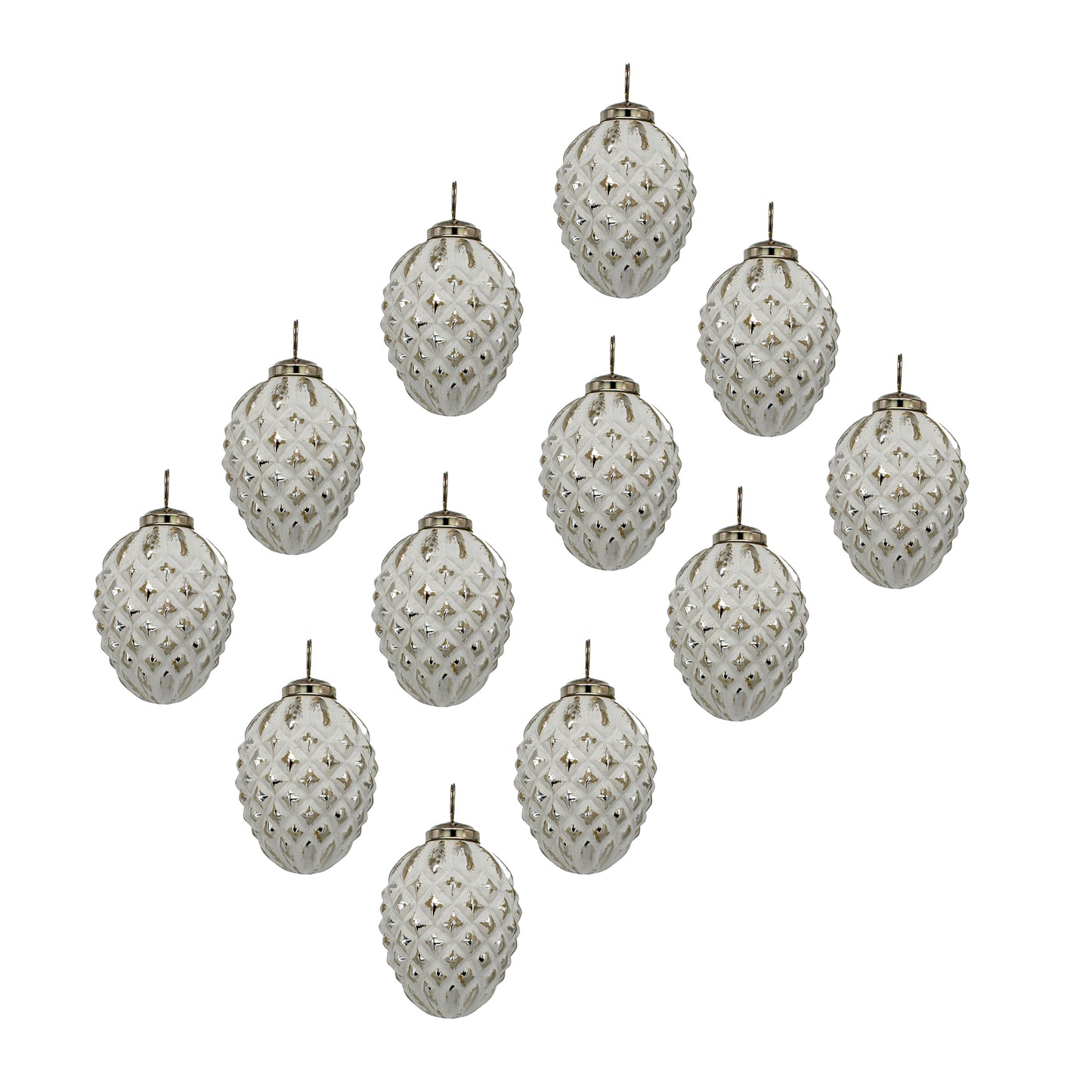 Set of white textured pinecone Christmas ornaments with gold accents