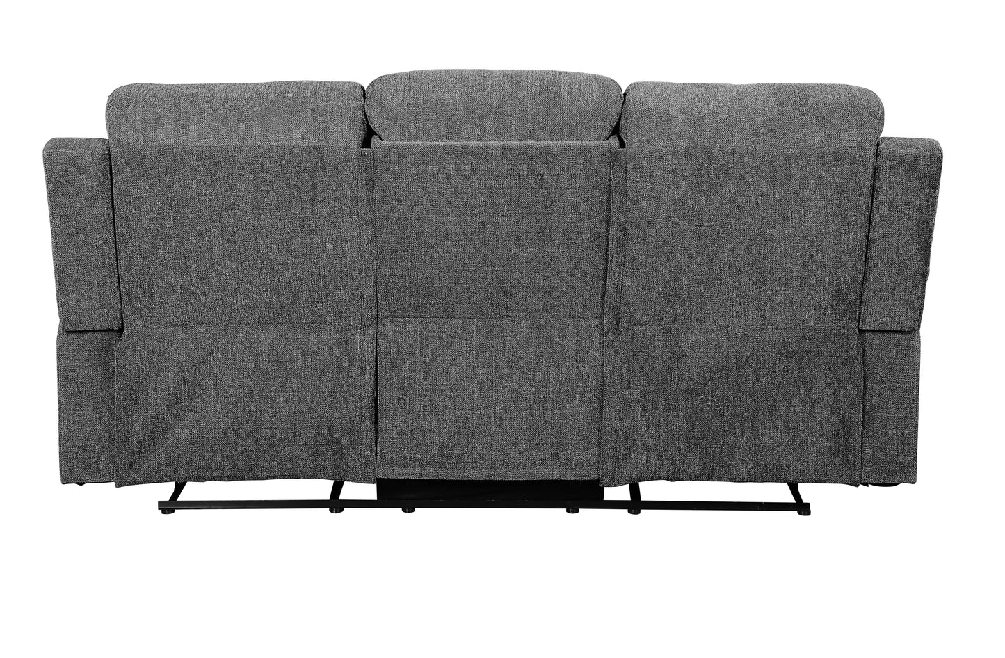 Back view of a charcoal gray fabric threeseat reclining sofa