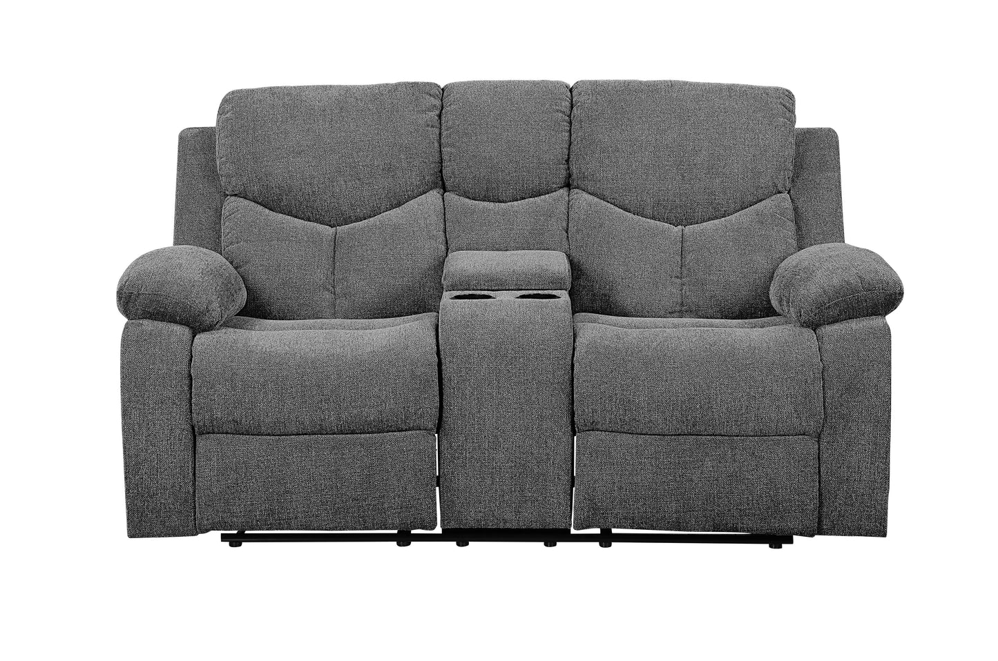 Gray fabric loveseat recliner with cup holders