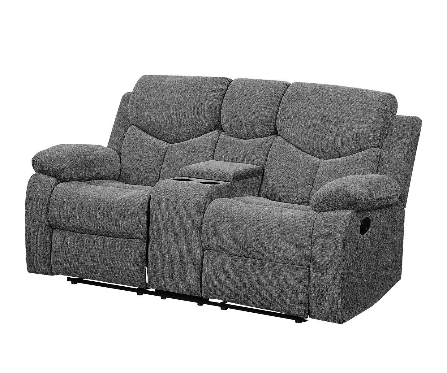 Dark gray fabric loveseat recliner with builtin cup holders