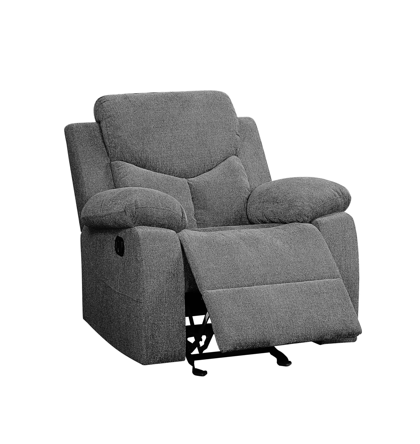 Dark gray fabric recliner chair with plush armrests and headrest perfect for home theater
