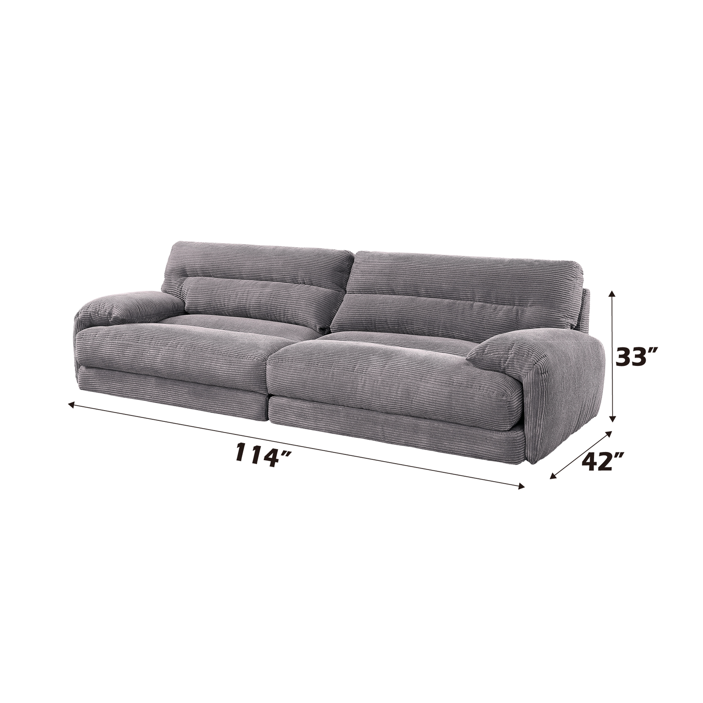 Gray corduroy reclining sofa with dimensions L x D x H