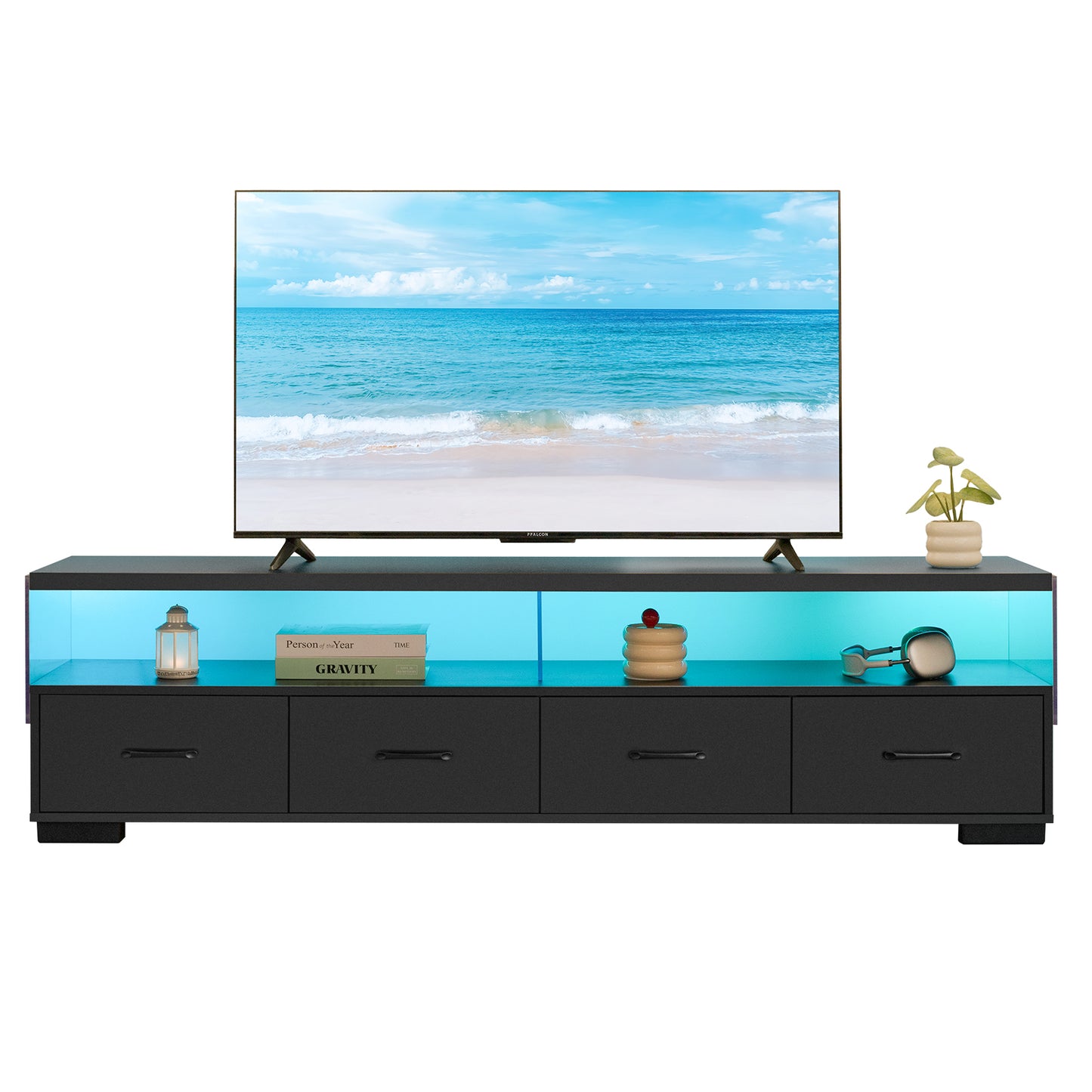 Black media console with blue LED lighting and four drawers