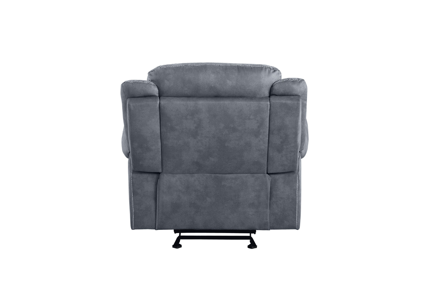 Gray fabric recliner chair back view with white stitching