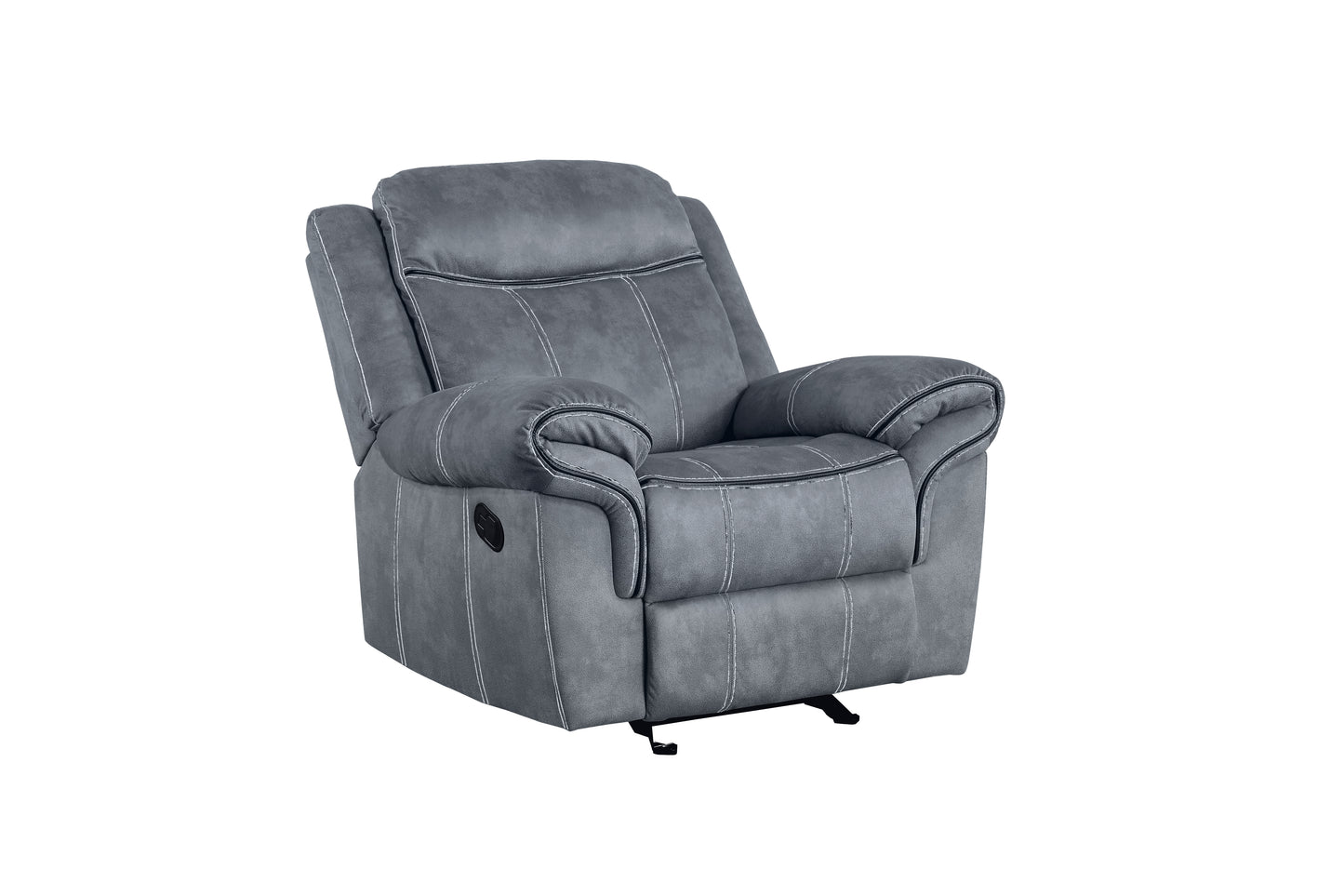 Gray faux leather recliner chair with white contrast stitching