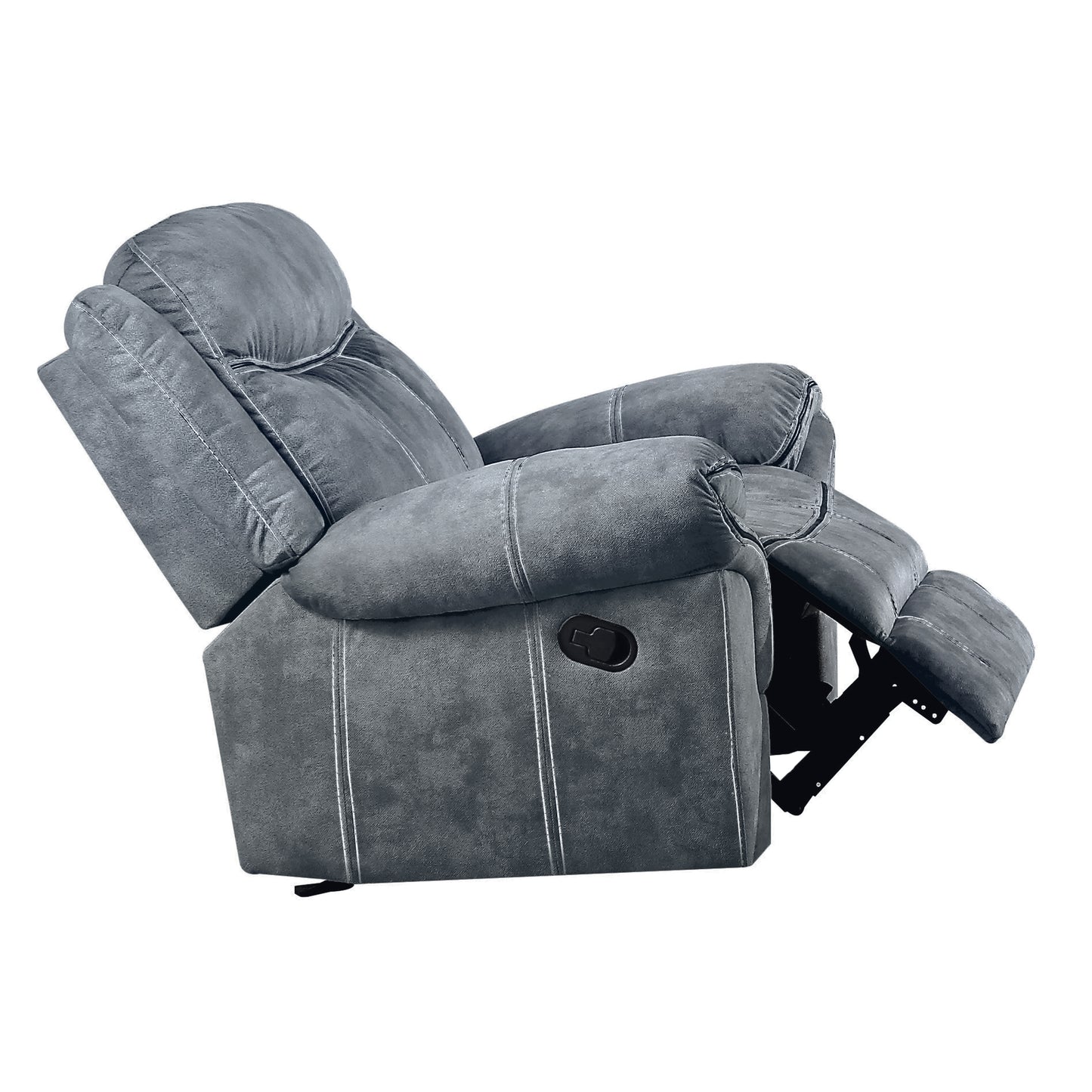 Gray upholstered recliner chair with extended footrest and lever