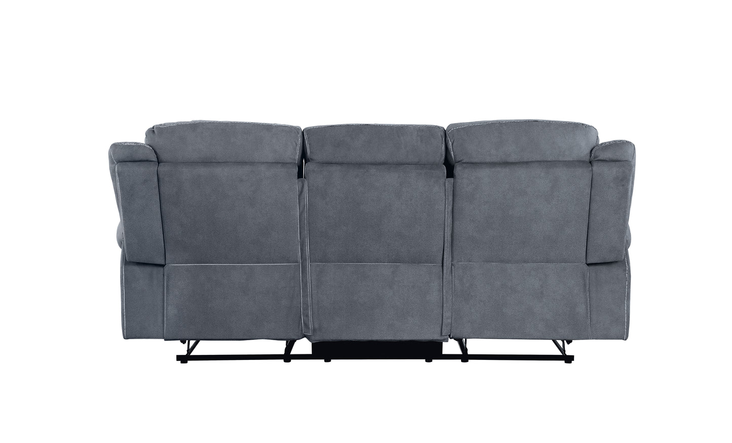 Back view of a gray fabric reclining sofa with three seats and visible metal frame