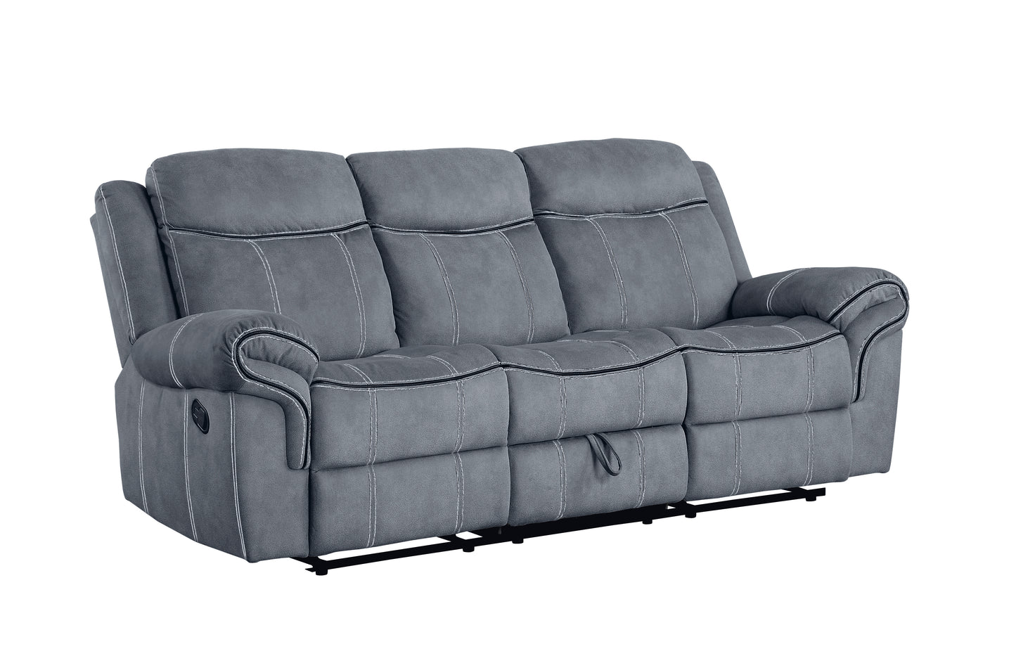 Gray fabric reclining sofa with white contrast stitching