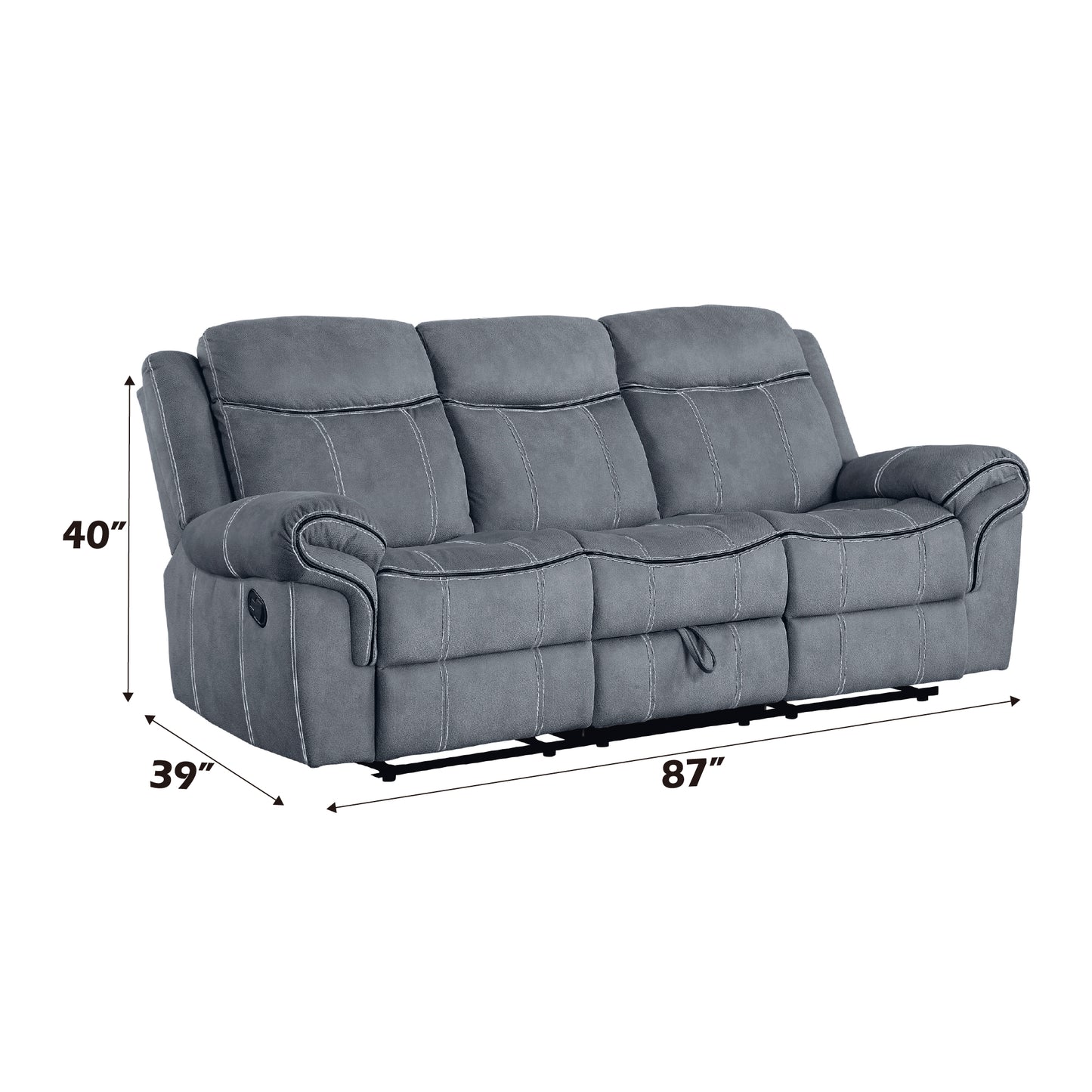 Gray fabric threeseater recliner sofa with white stitching detail and dimensions W x D x H