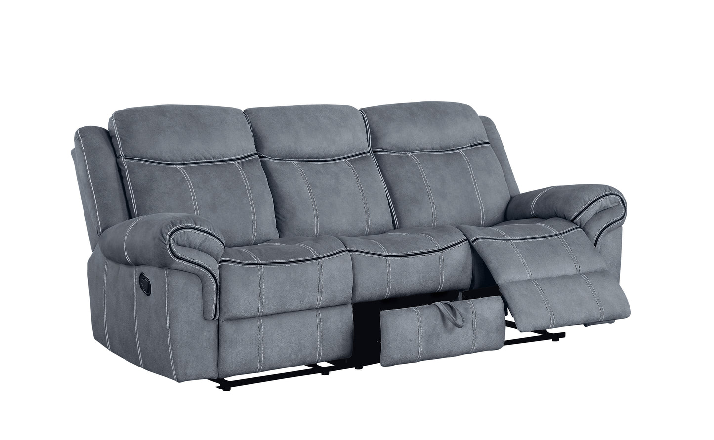 Gray fabric threeseater reclining sofa with contrast white stitching