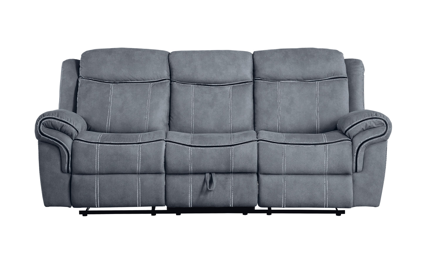 Gray fabric seater recliner sofa with white contrast stitching