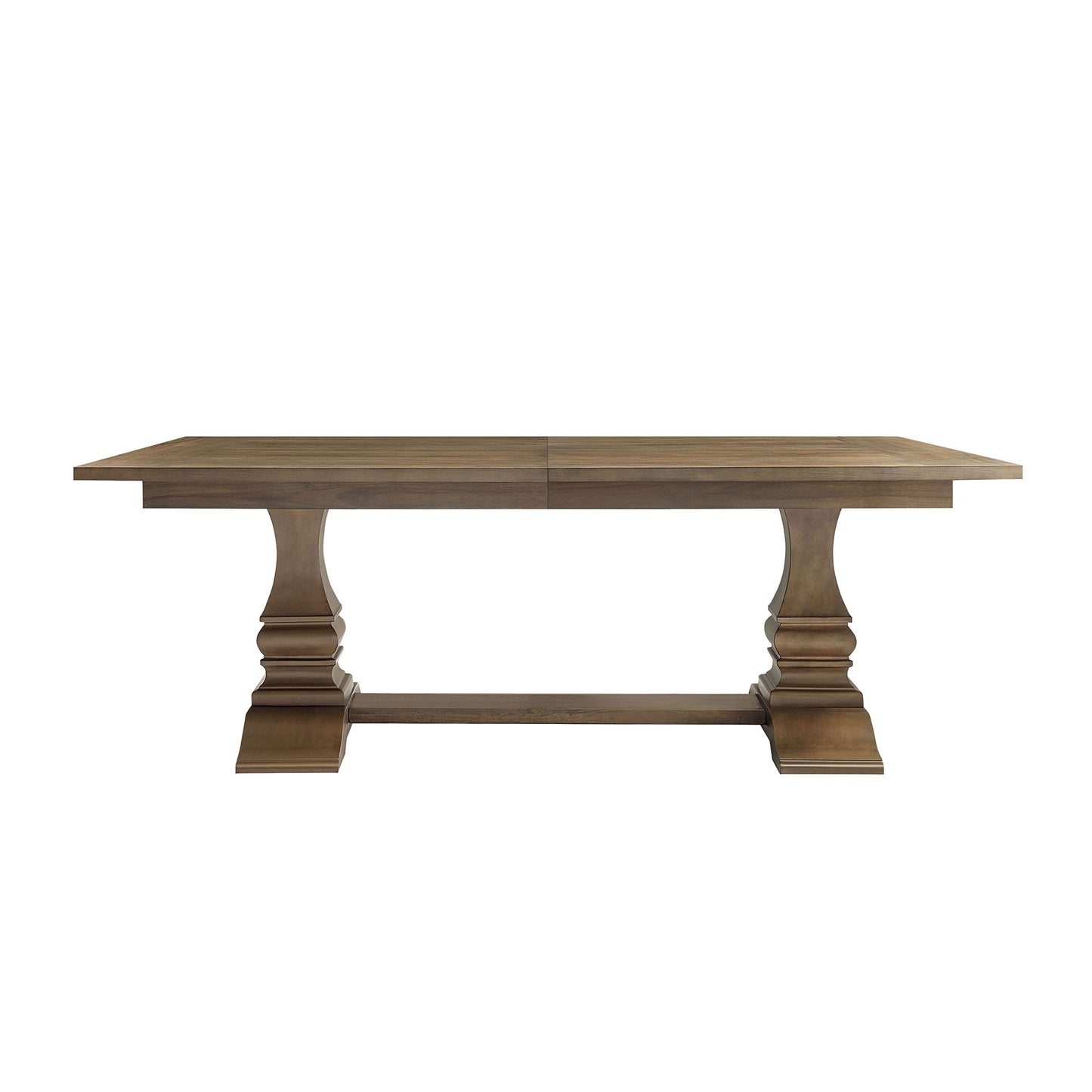 Dark oak dining table with ornate pedestal bases and a planked top