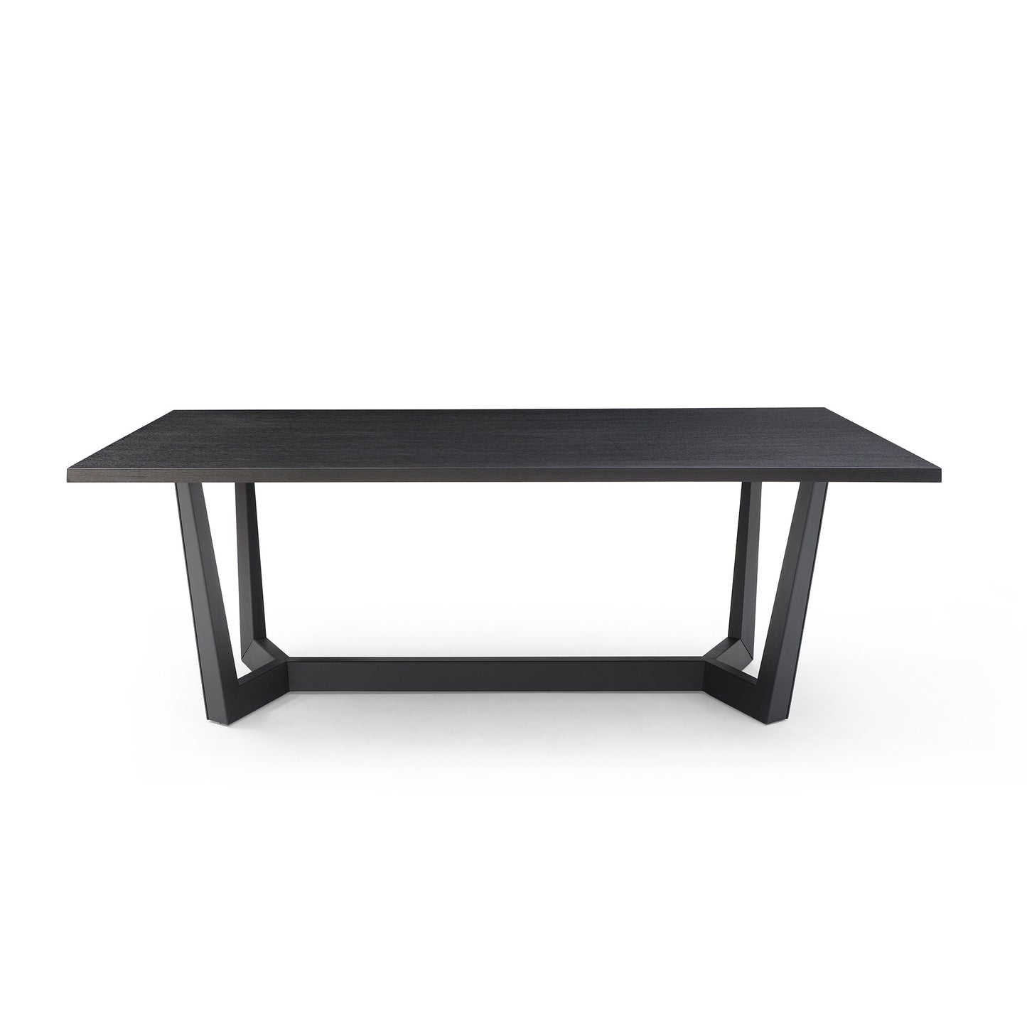 Dark oak dining table with modern geometric black metal legs