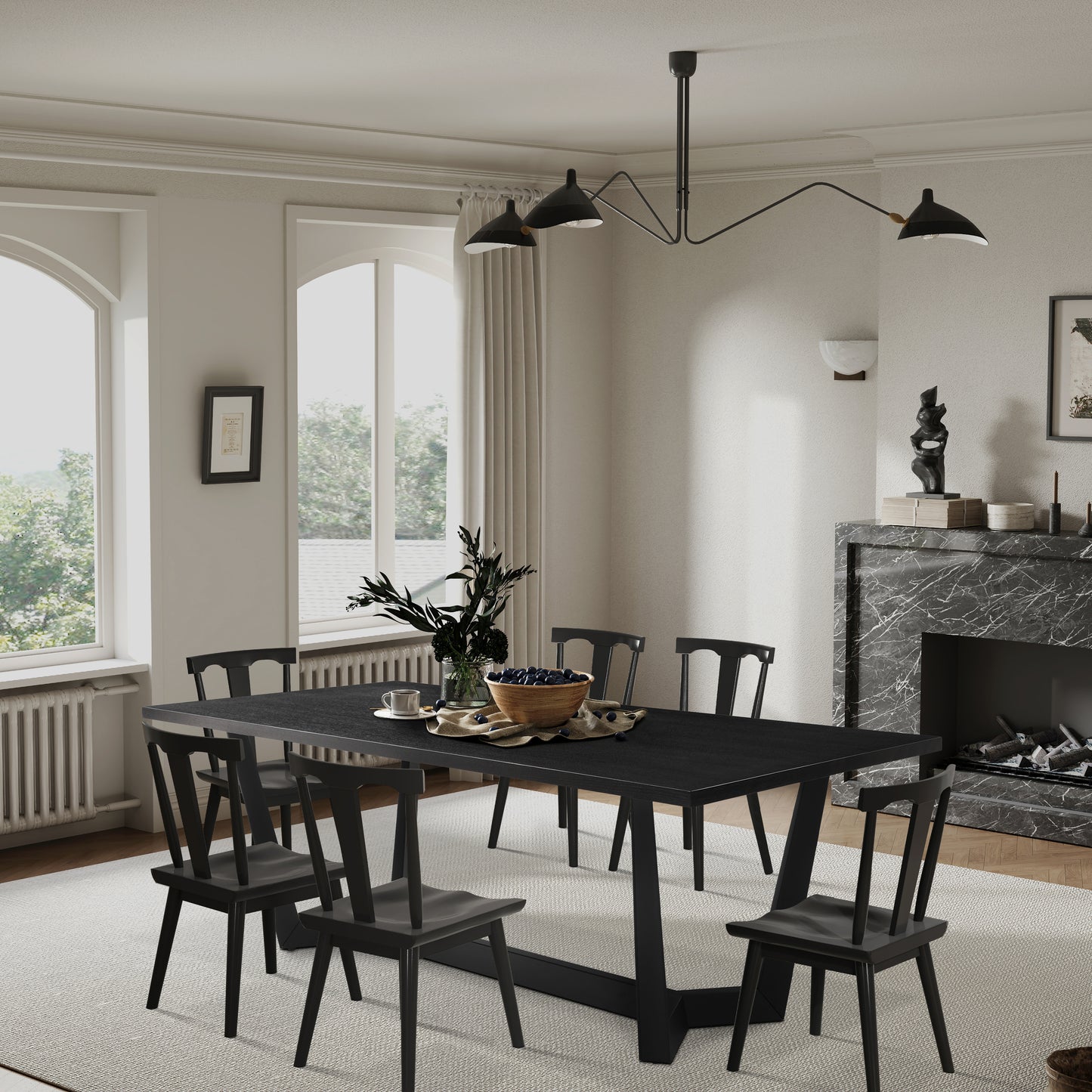 Black modern dining table with six chairs set