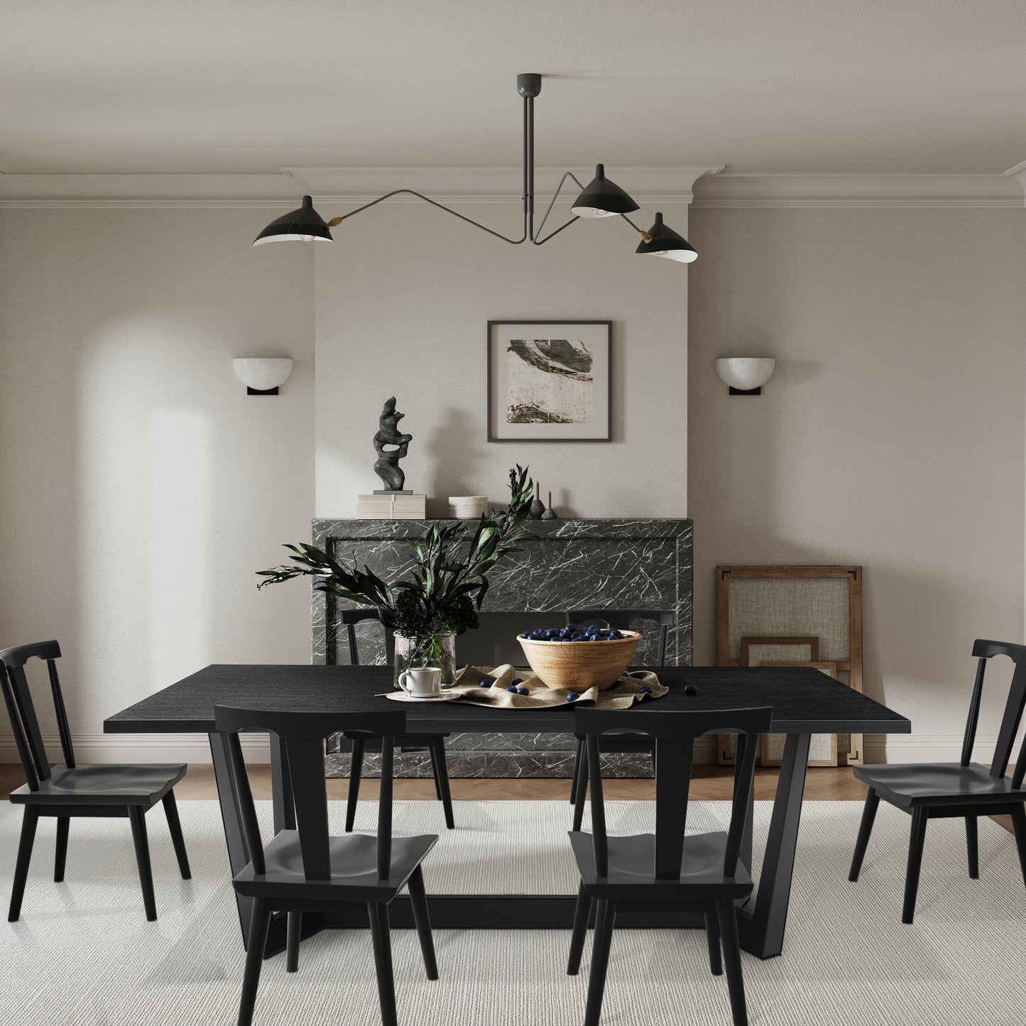 Modern black dining table with minimalist chairs