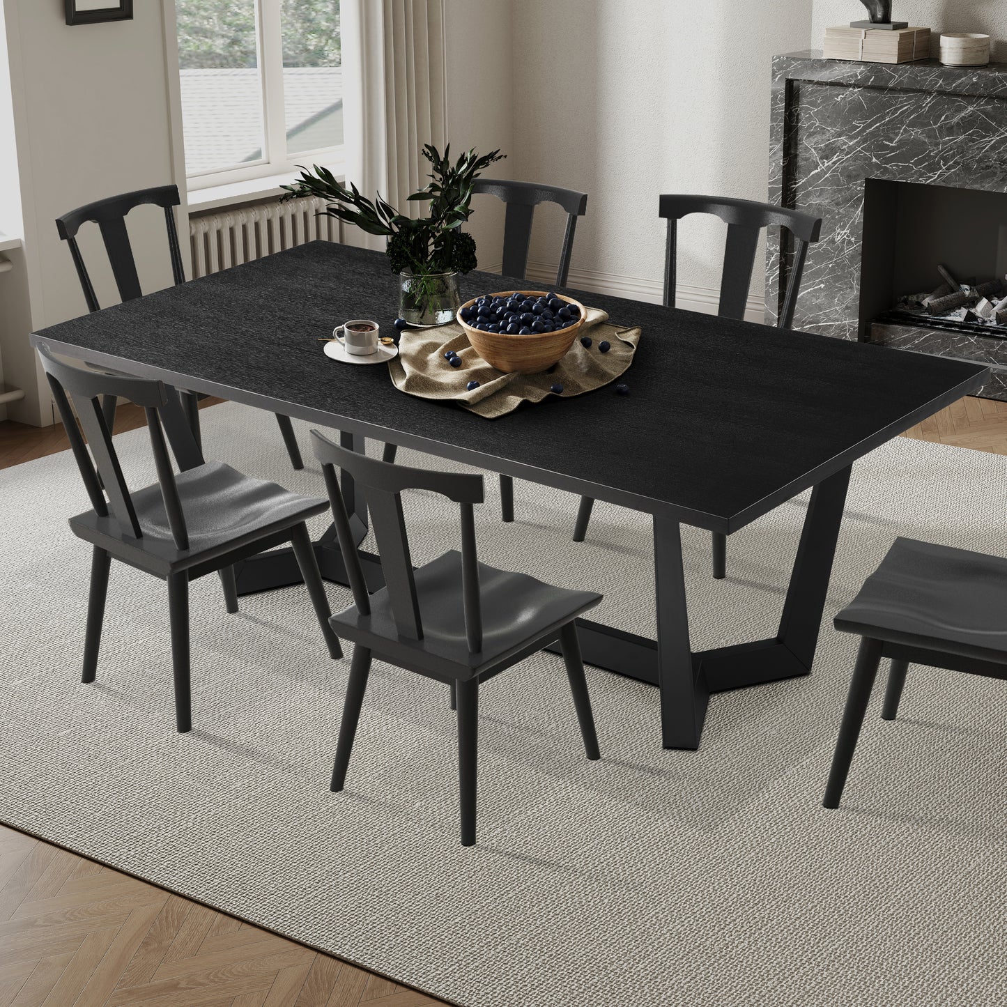 Black textured rectangular dining table with modern metal base