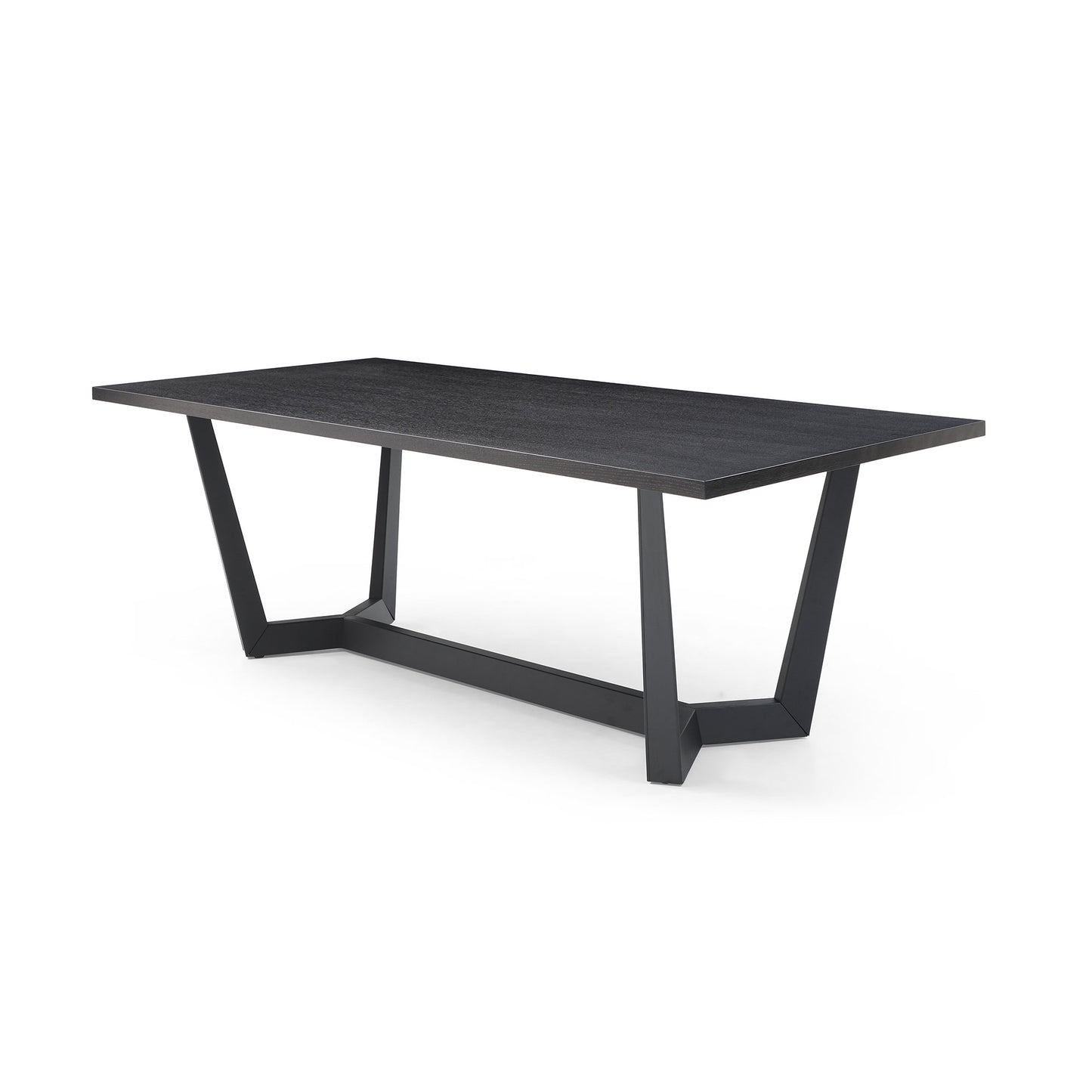 Dark grey textured dining table with black metal geometric legs