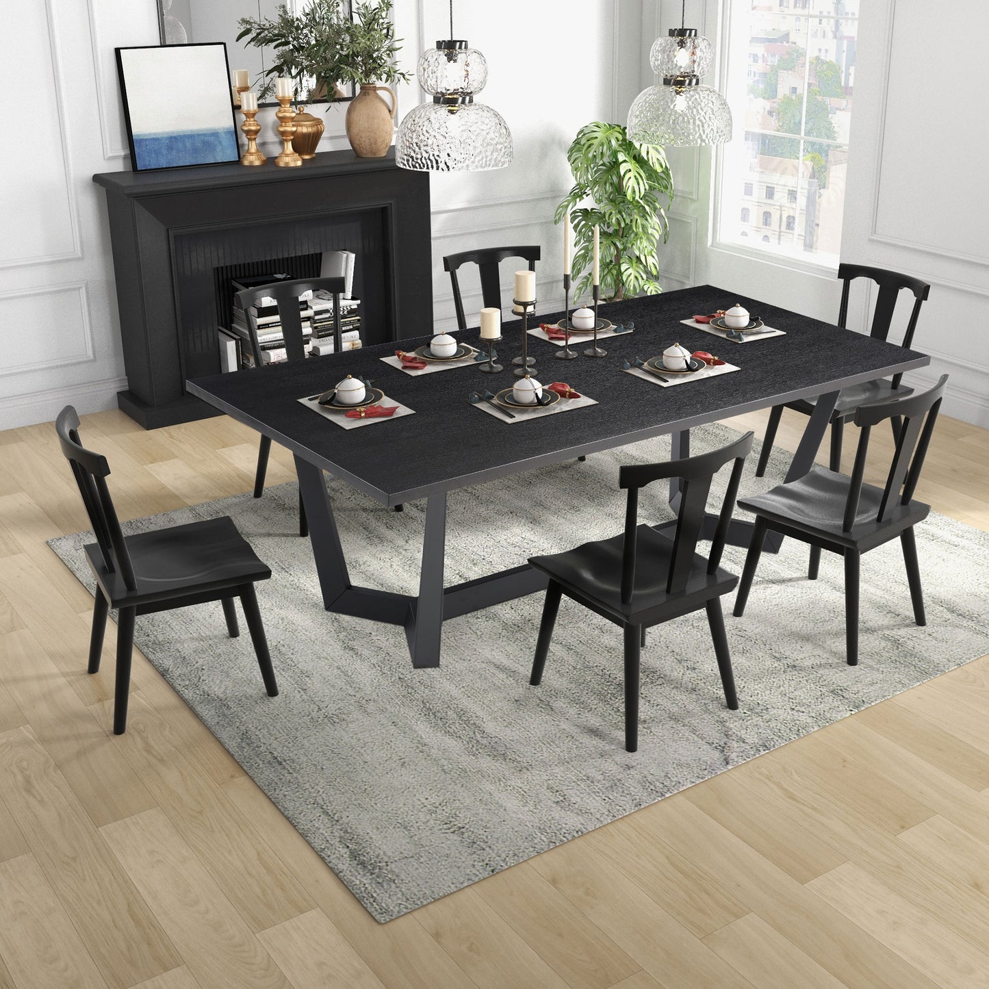 Modern black dining table with metal legs