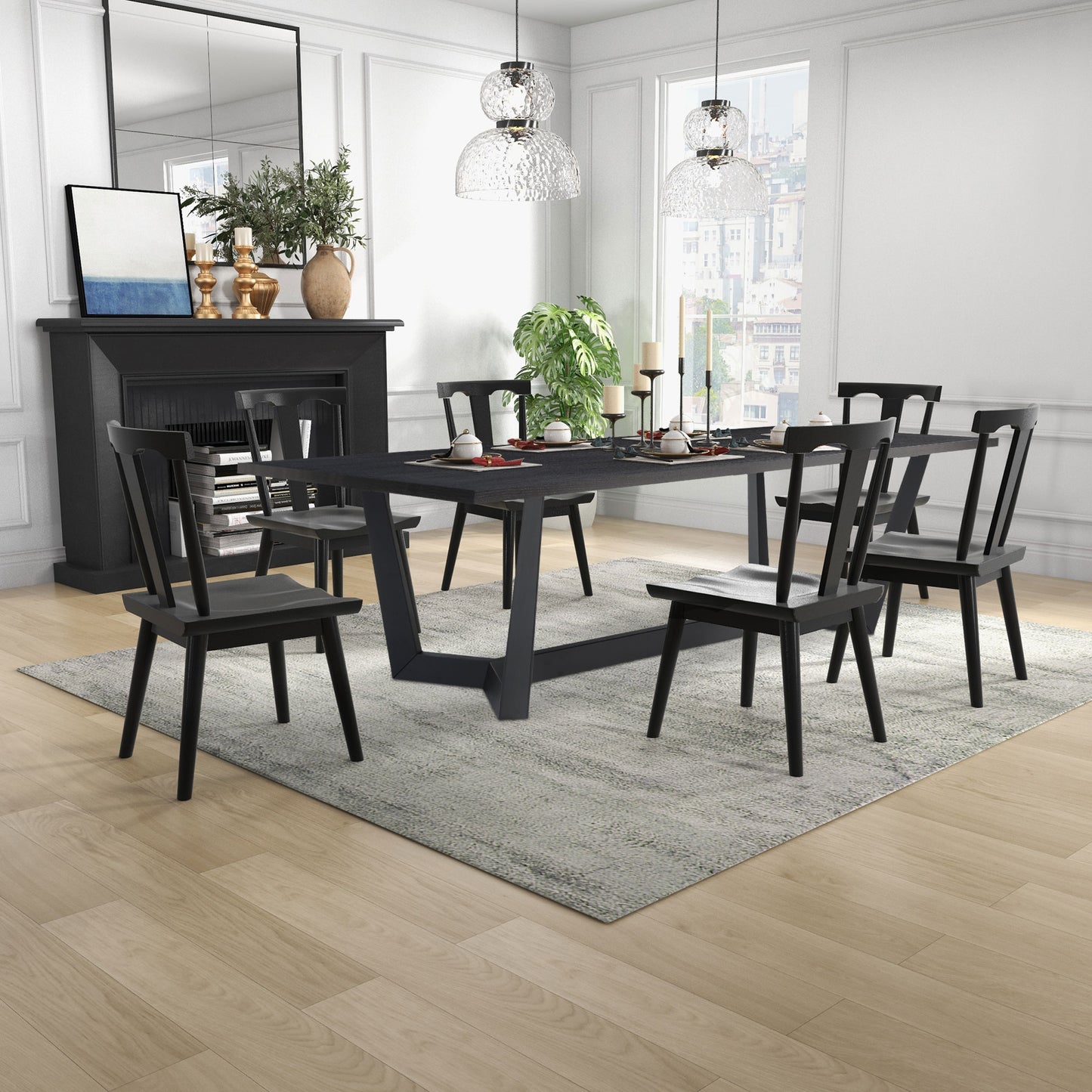 Modern black dining table with an abstract base and six matching chairs