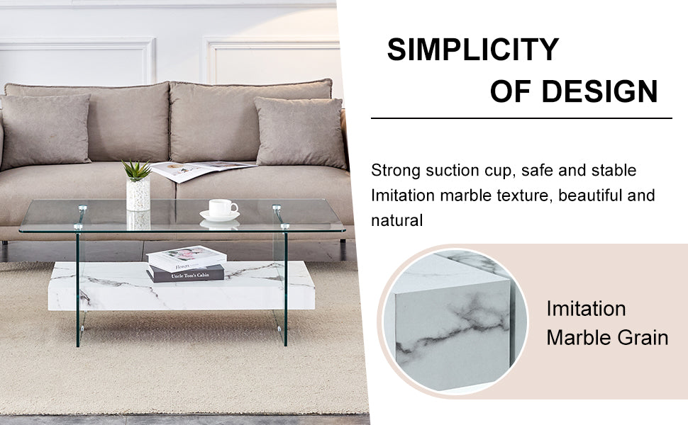 Modern coffee table with glass top and imitation marble base