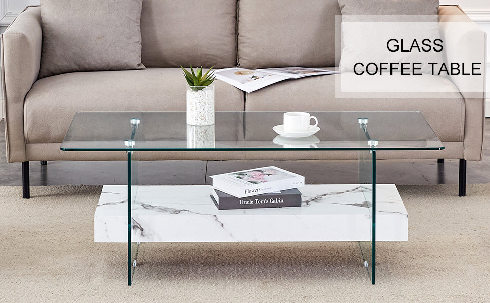 Clear glass coffee table with lower marble shelf and modern chrome legs