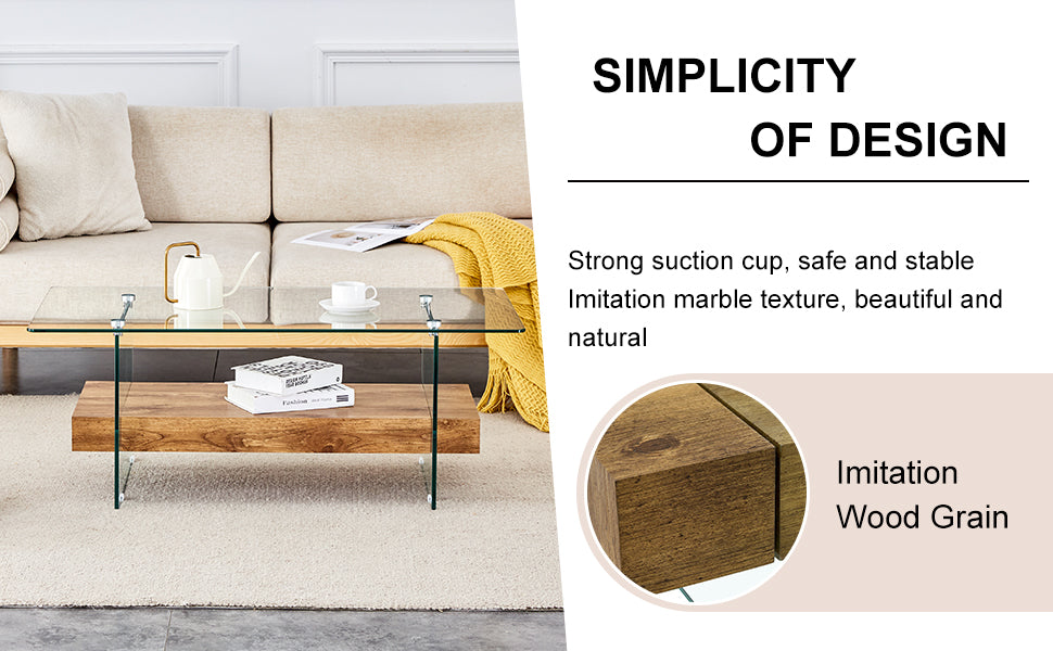 Modern glass coffee table with wood grain shelf