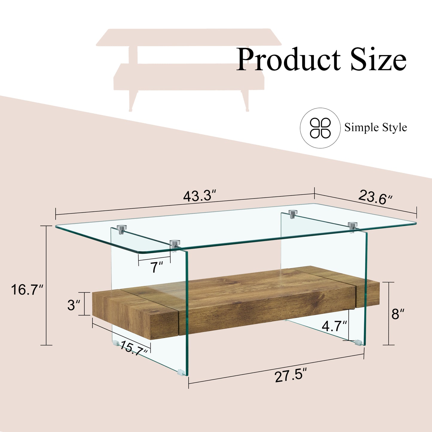 Modern glass coffee table with wood shelf and detailed dimensions