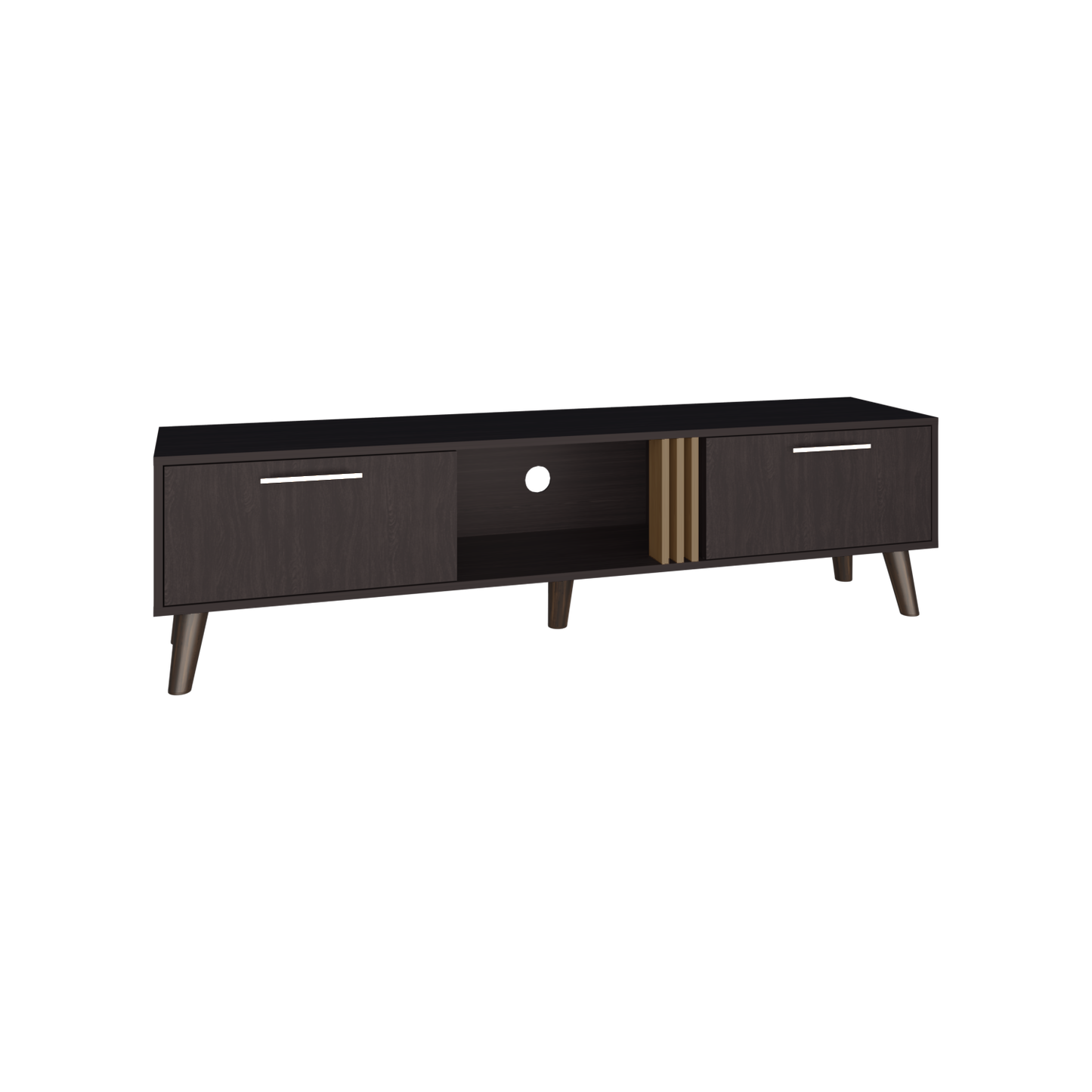 Dark wood media console with gold accent slats and tapered legs