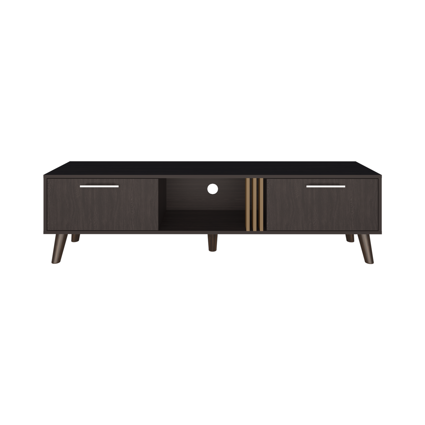 Dark wood media console with slatted detail and angled legs