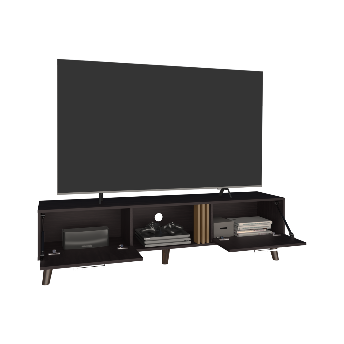 Dark wood media console with open doors showcasing game consoles and books