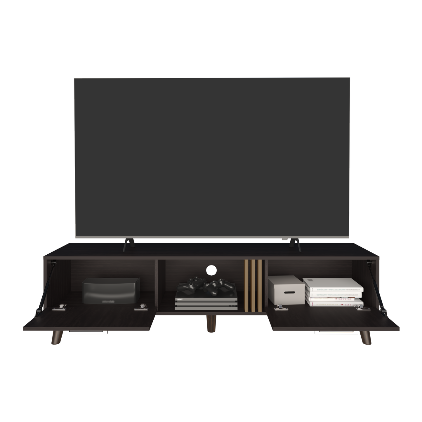 Dark wood entertainment center with open compartments holding game consoles and books