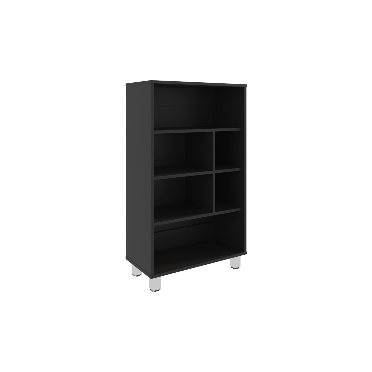Black modern bookcase with open shelves and silver legs