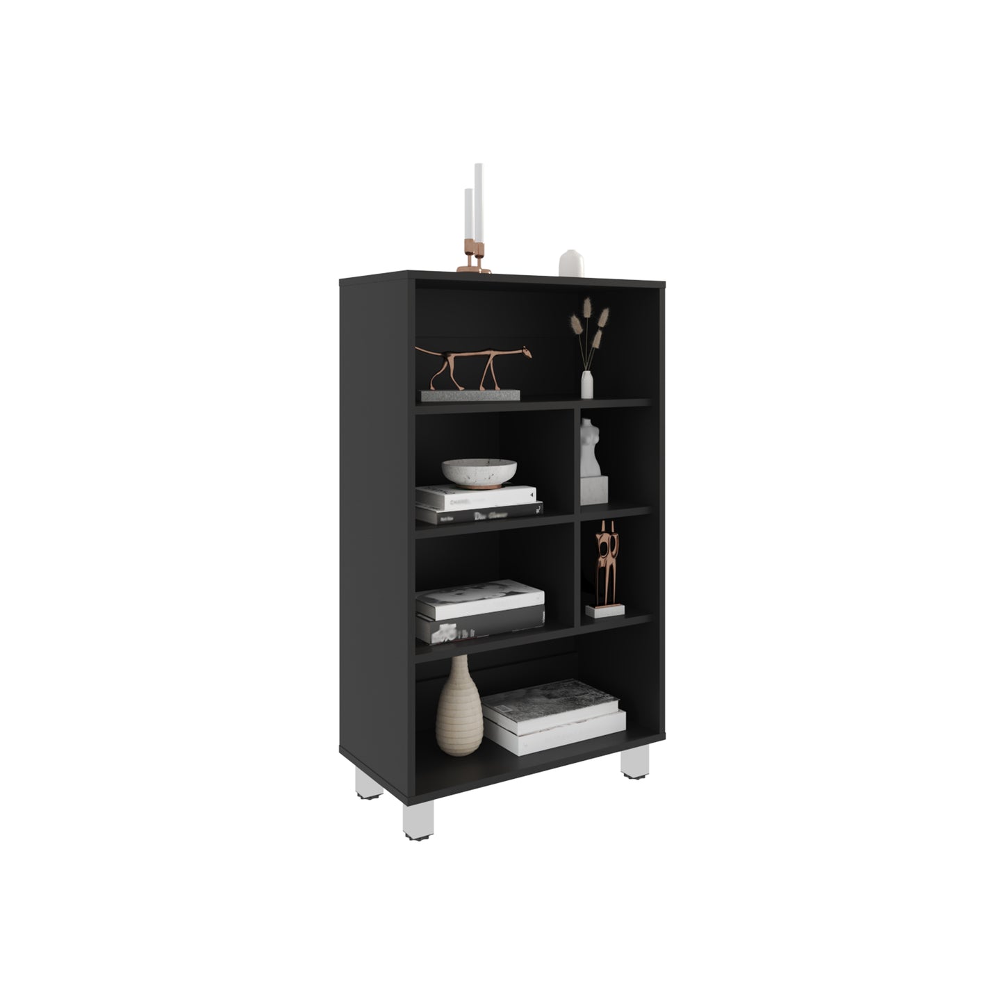 Black modern bookcase with five shelves and four silver legs