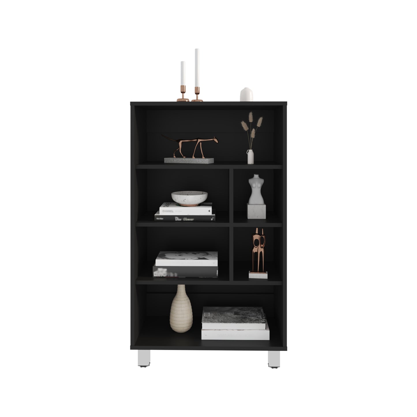 Black modern bookshelf with decorative items