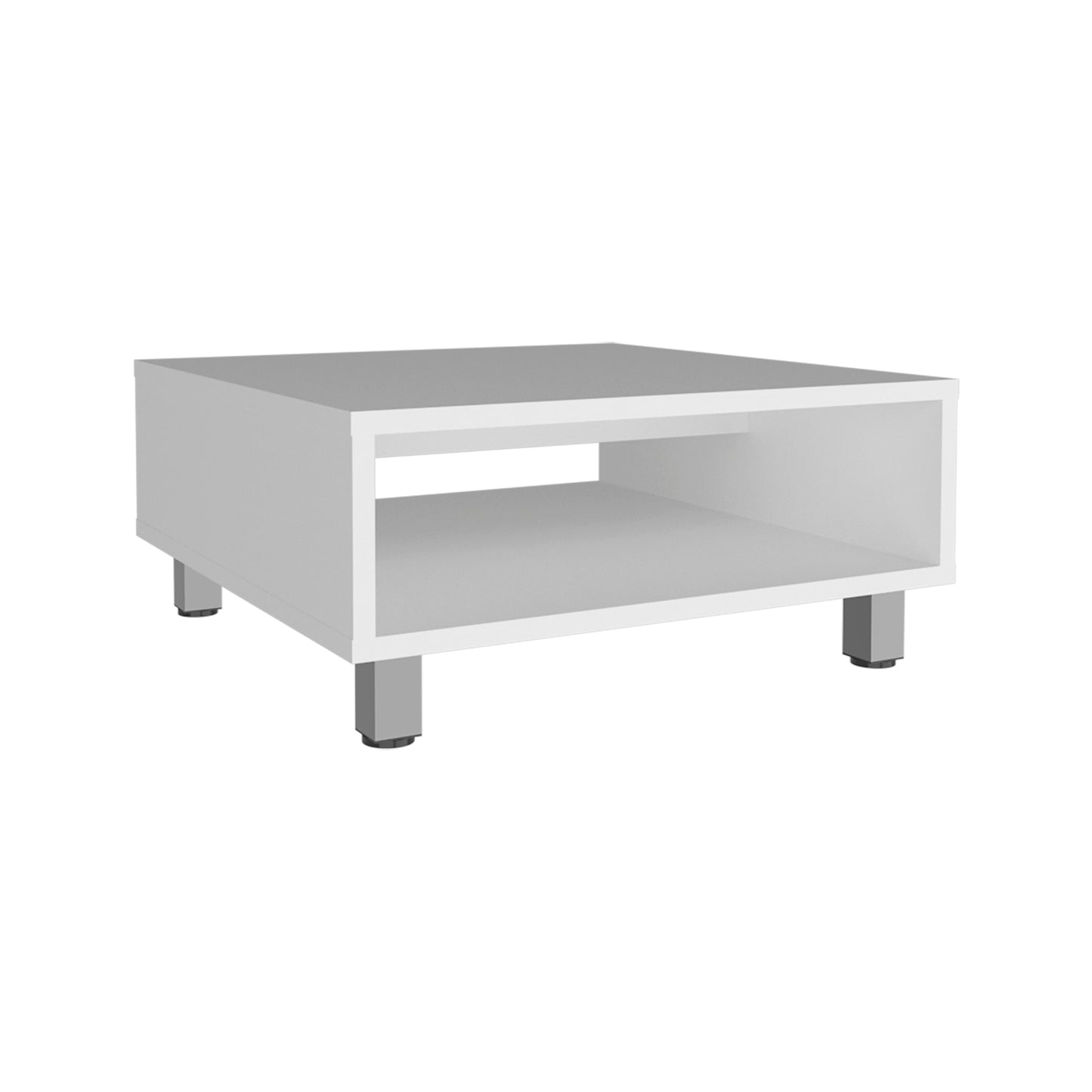 White modern coffee table with open shelf and metal legs