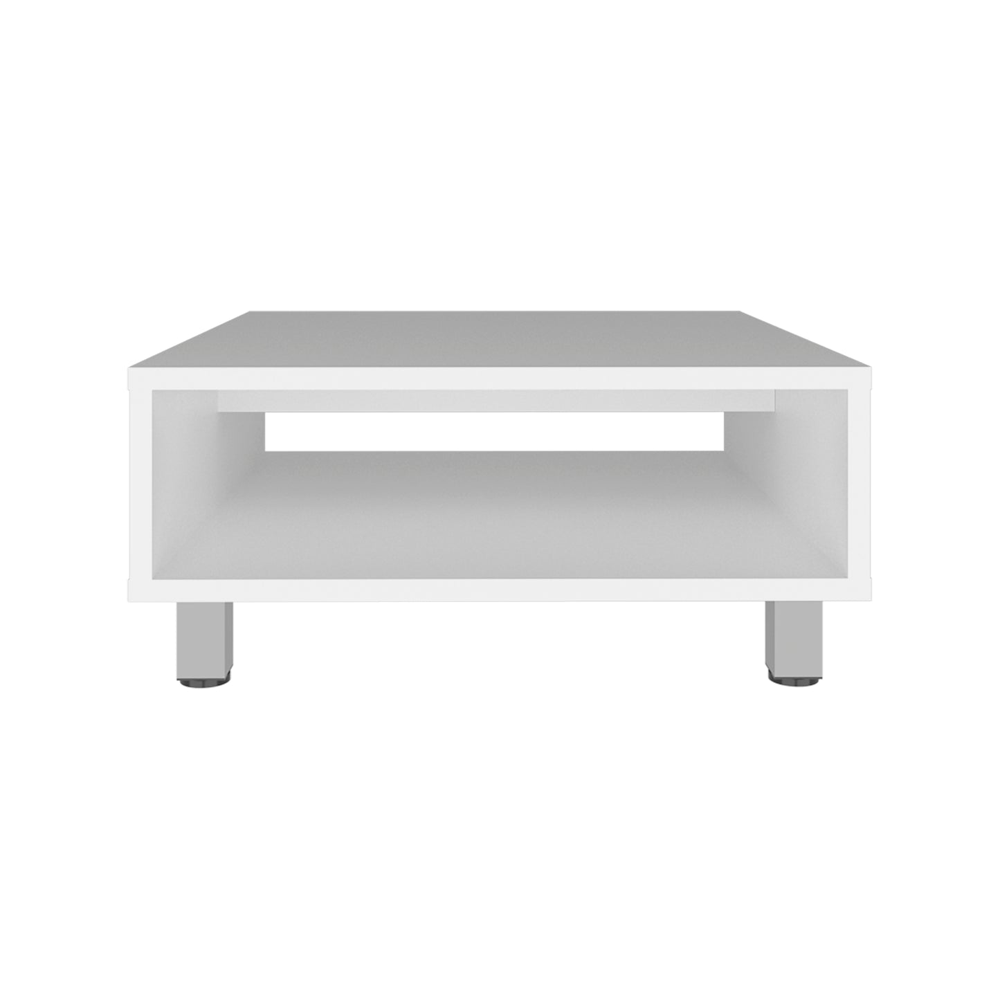 Modern white cube coffee table with open shelving and brushed nickel legs