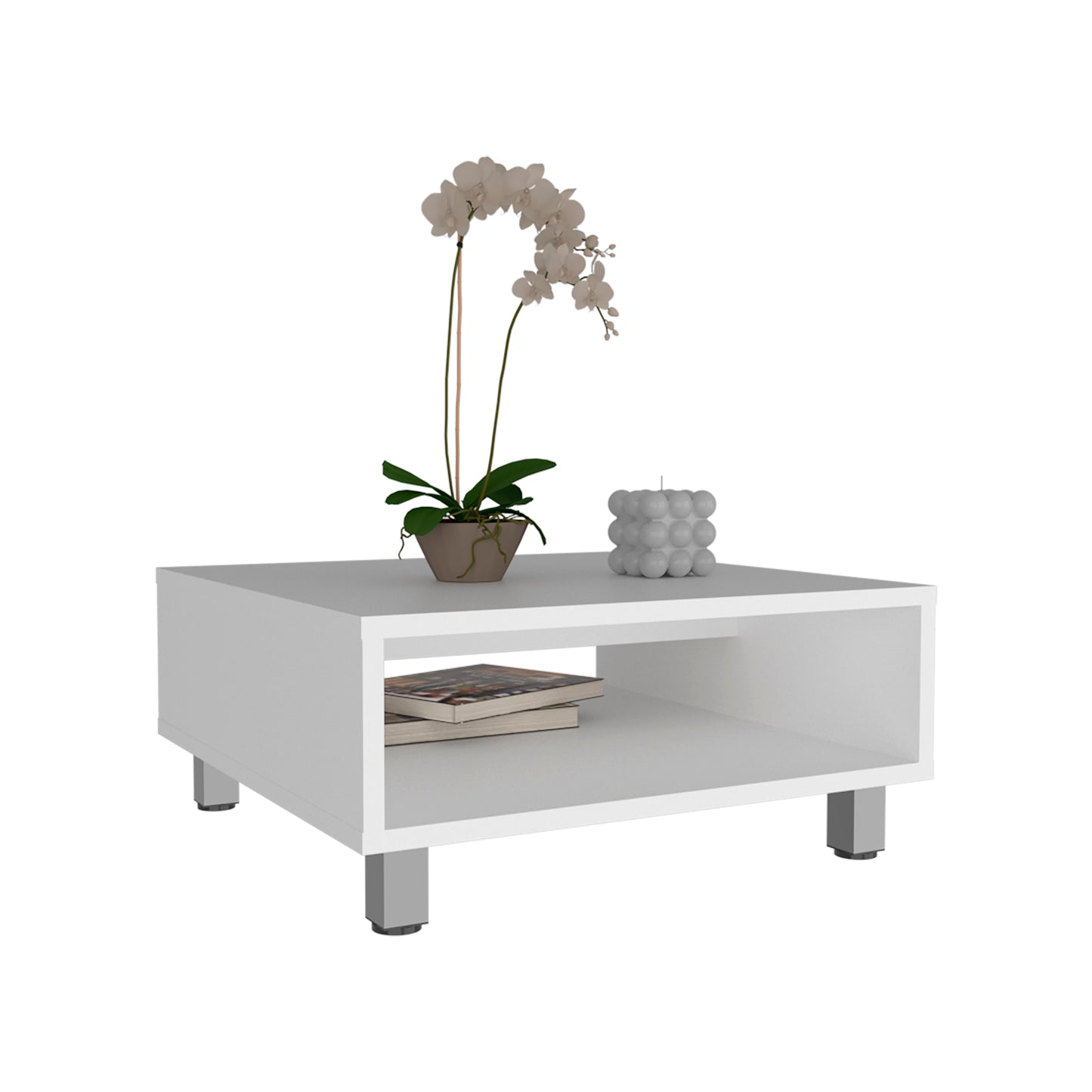 Modern white coffee table with open shelf