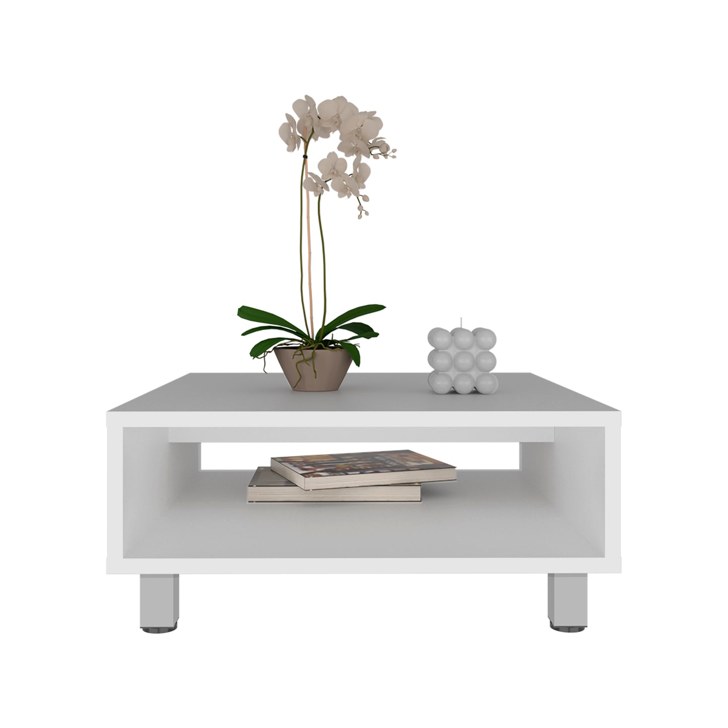 White modern coffee table with storage shelf and decorative items