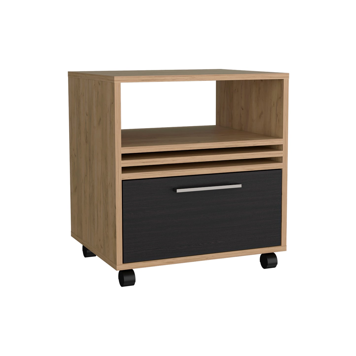 Wooden rolling file cabinet with a black drawer